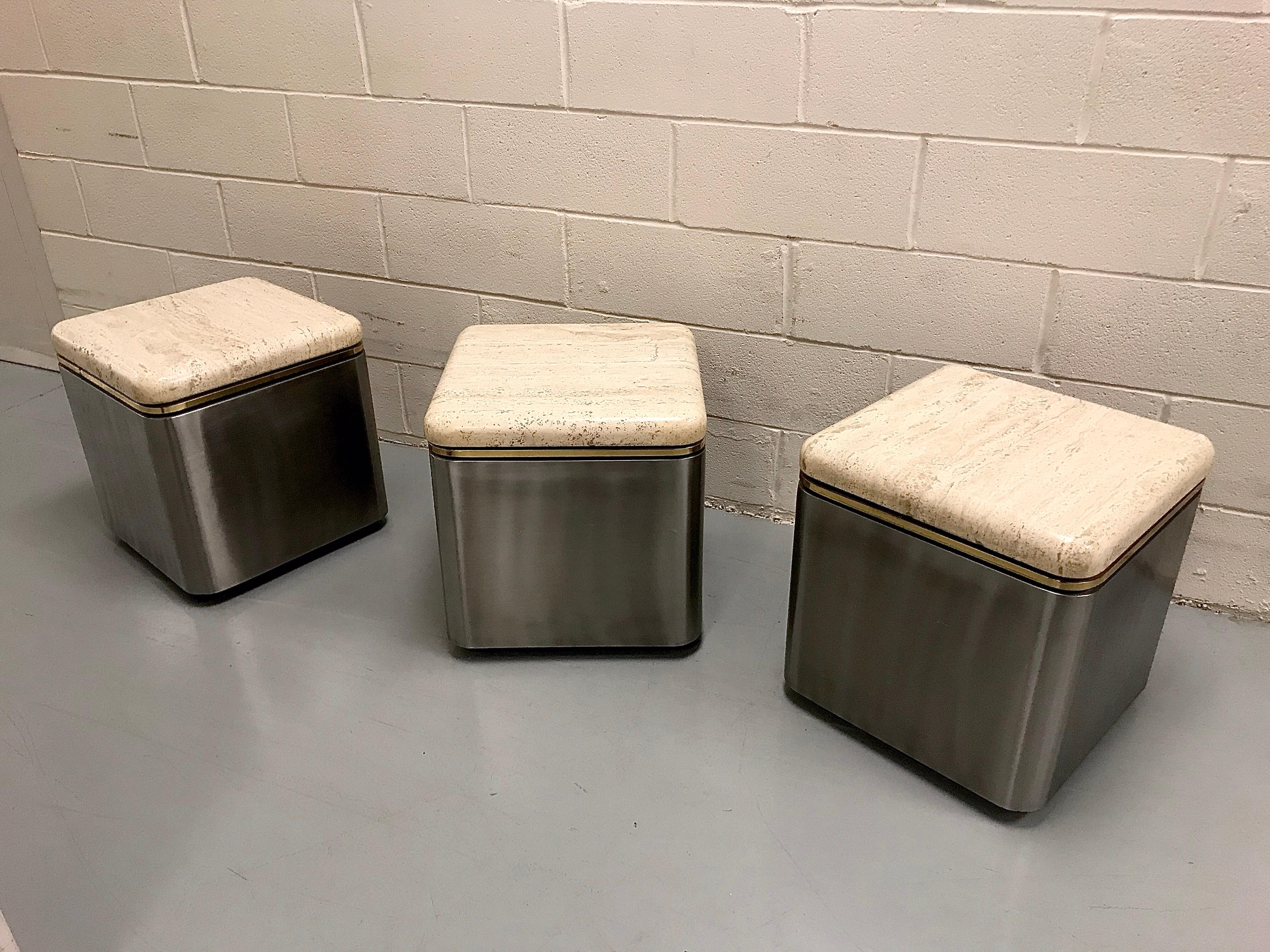 Group of Three Stainless Steel, Brass and Travertine Tables on Casters For Sale 10