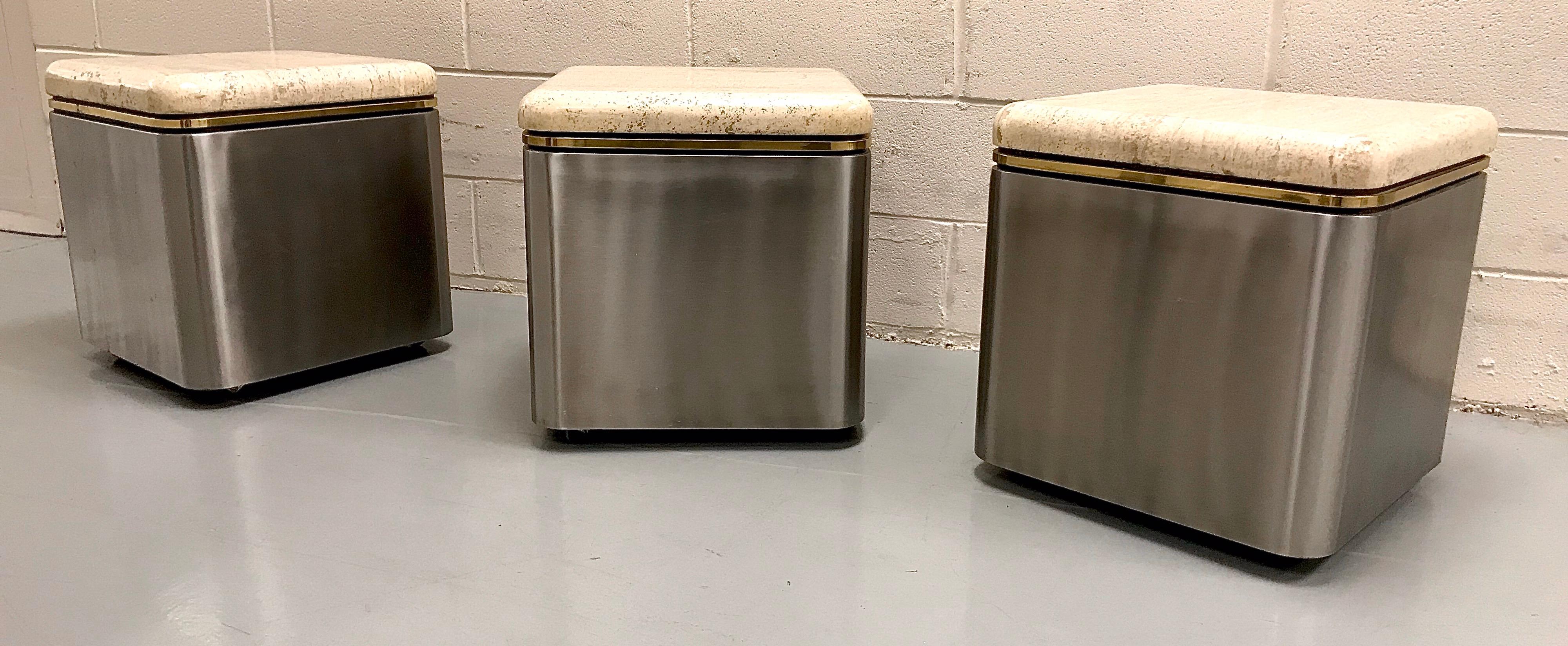 Group of Three Stainless Steel, Brass and Travertine Tables on Casters For Sale 11