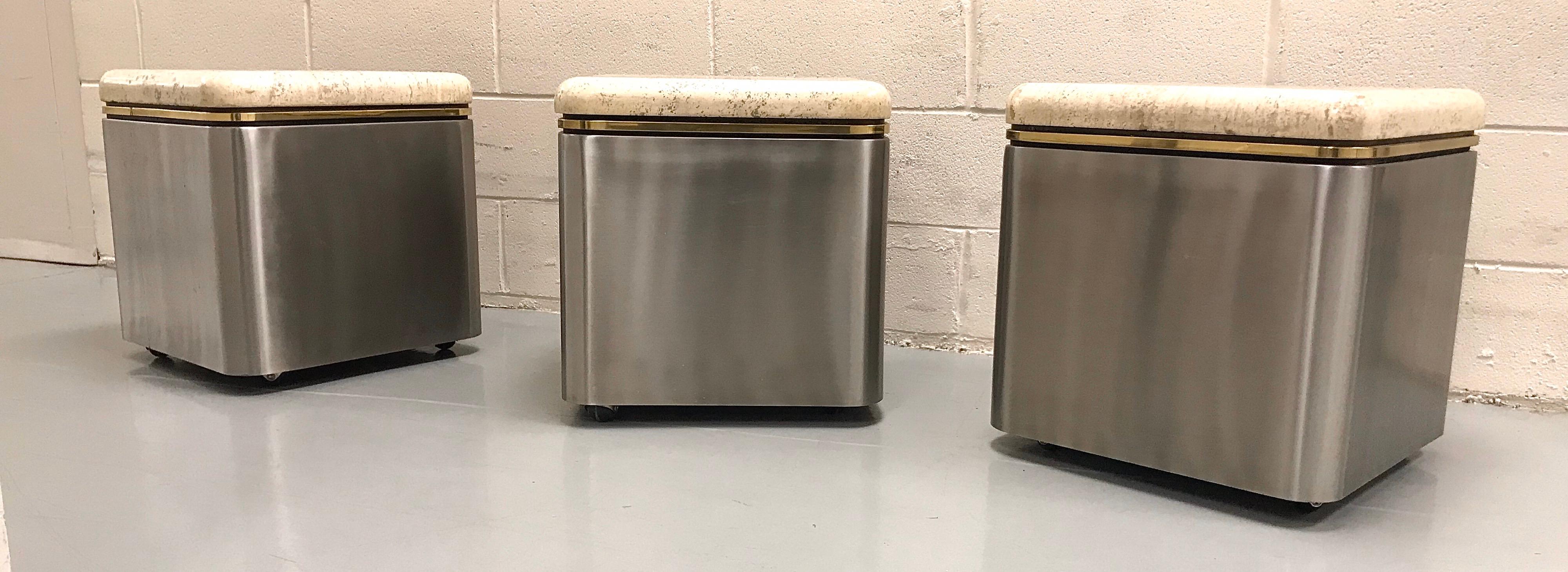 Group of Three Stainless Steel, Brass and Travertine Tables on Casters For Sale 12