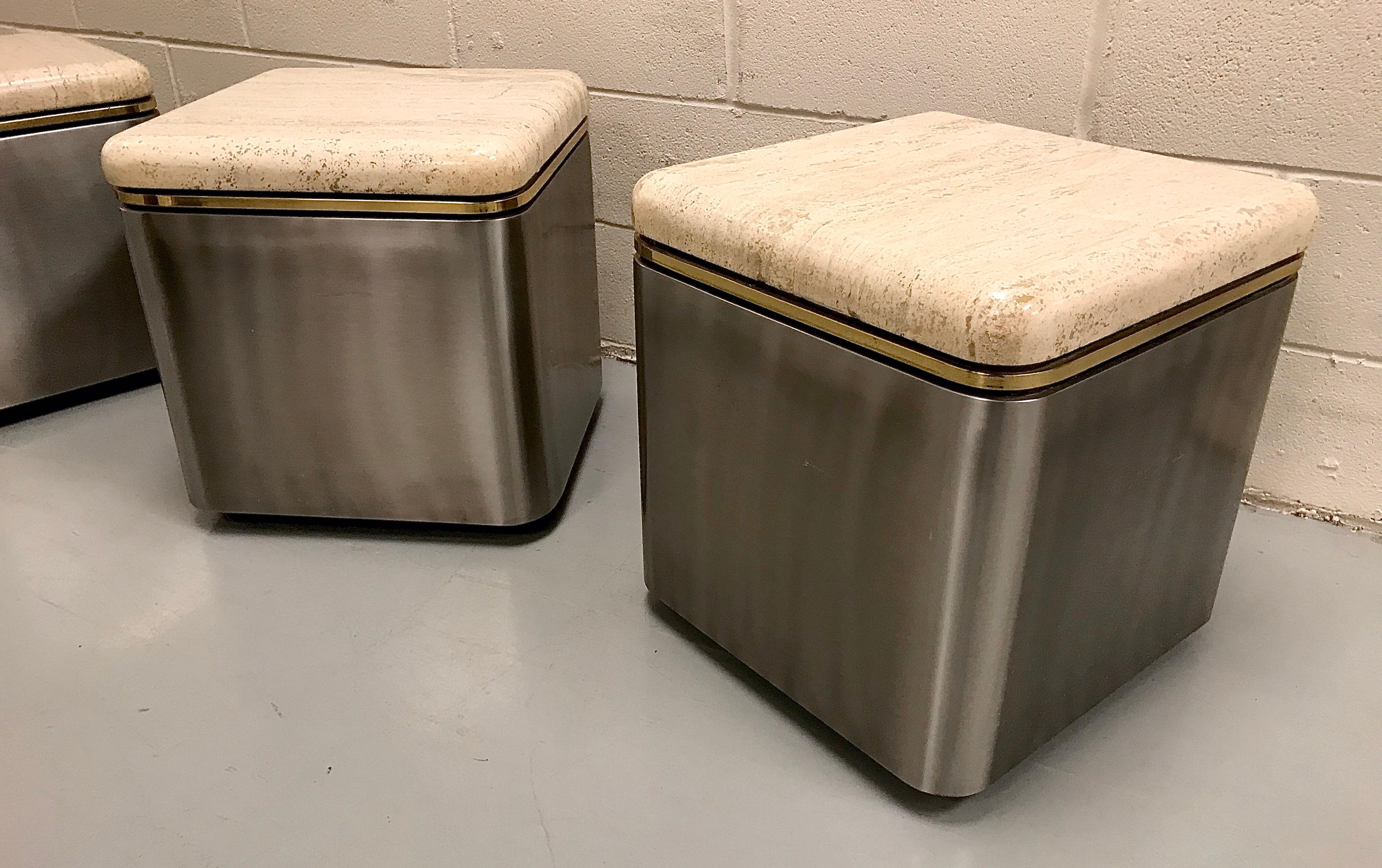 Group of Three Stainless Steel, Brass and Travertine Tables on Casters For Sale 13