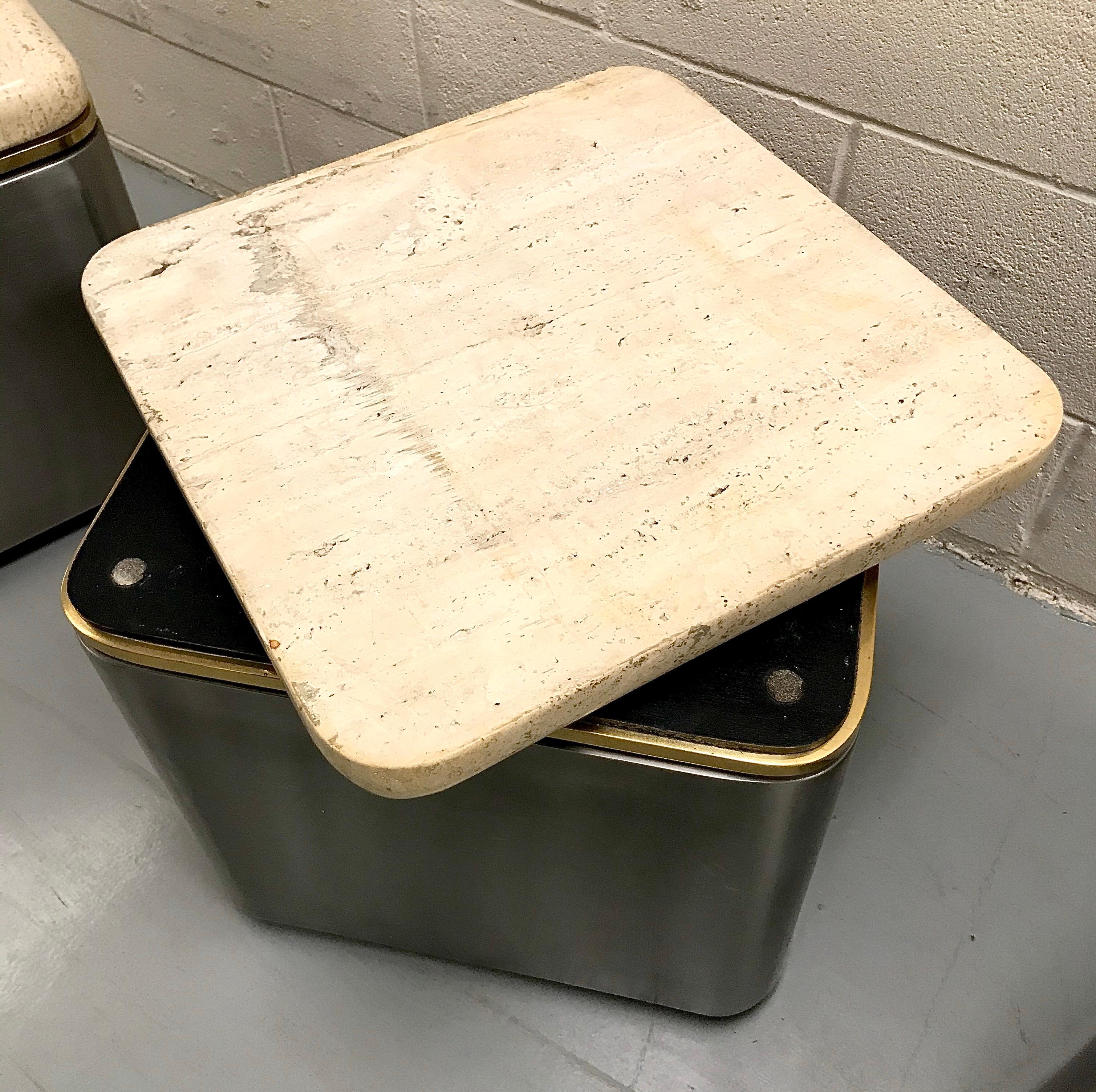 Group of Three Stainless Steel, Brass and Travertine Tables on Casters For Sale 14