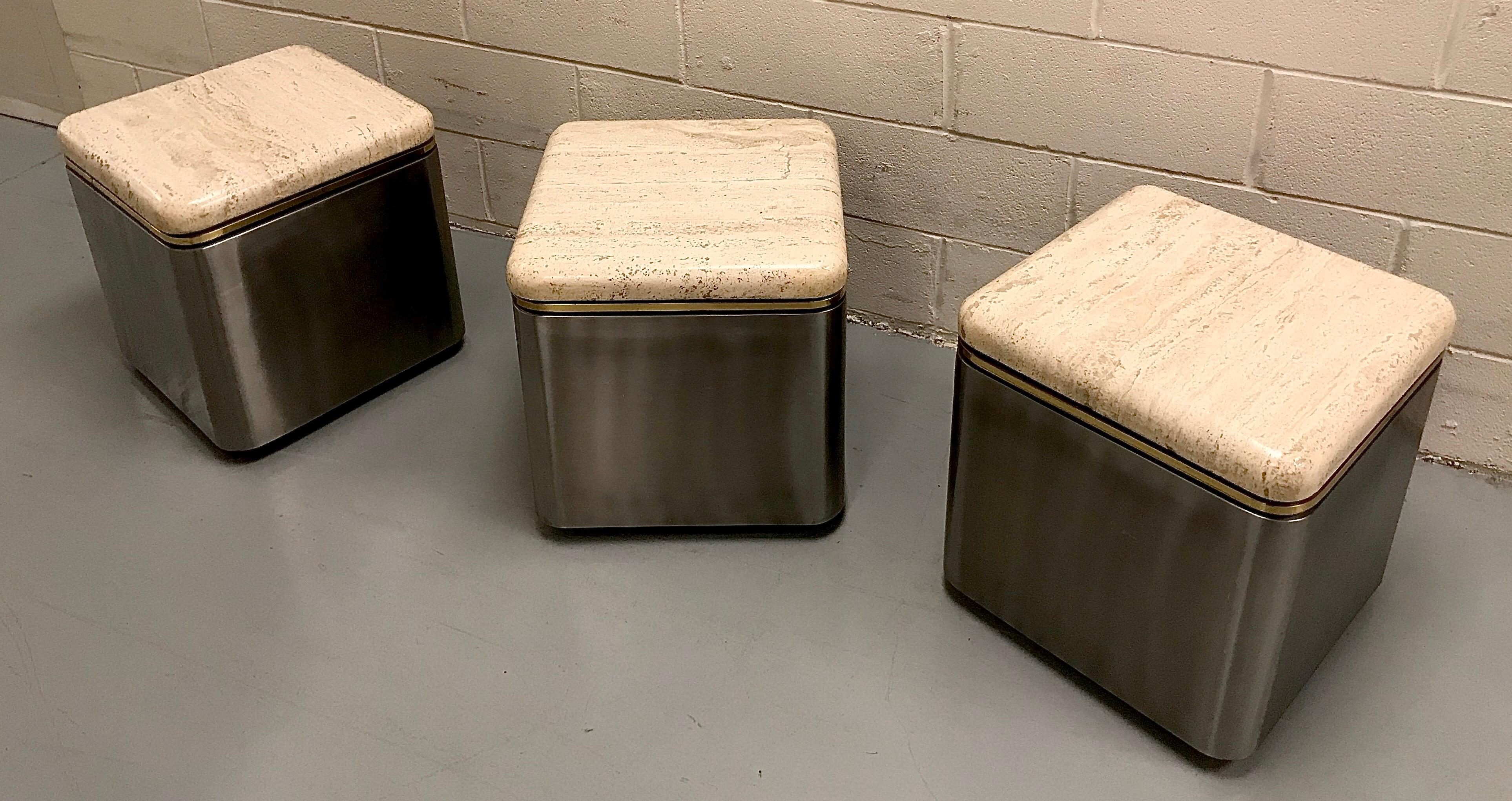 American Group of Three Stainless Steel, Brass and Travertine Tables on Casters For Sale
