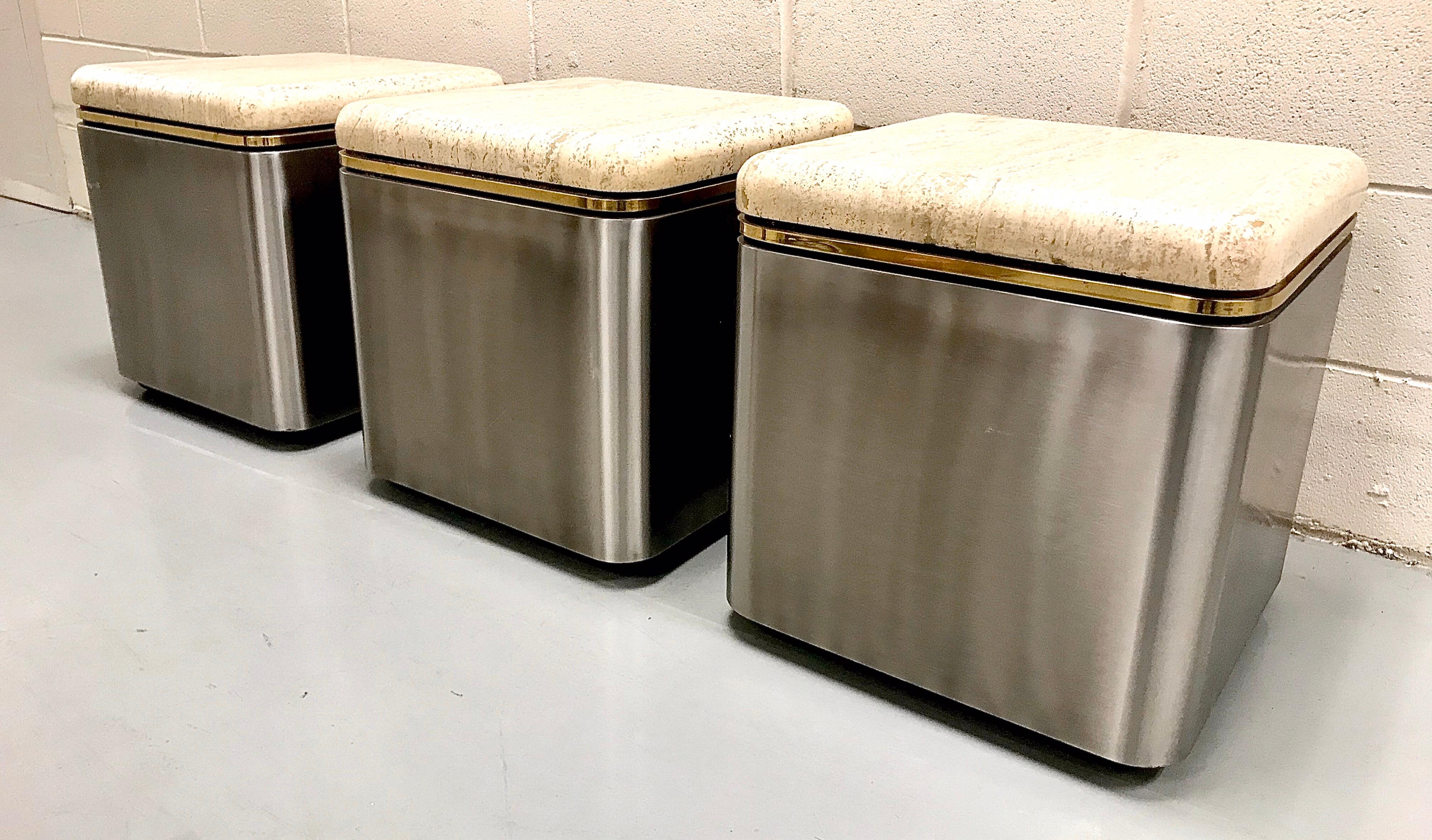 Group of Three Stainless Steel, Brass and Travertine Tables on Casters In Good Condition For Sale In Lake Success, NY