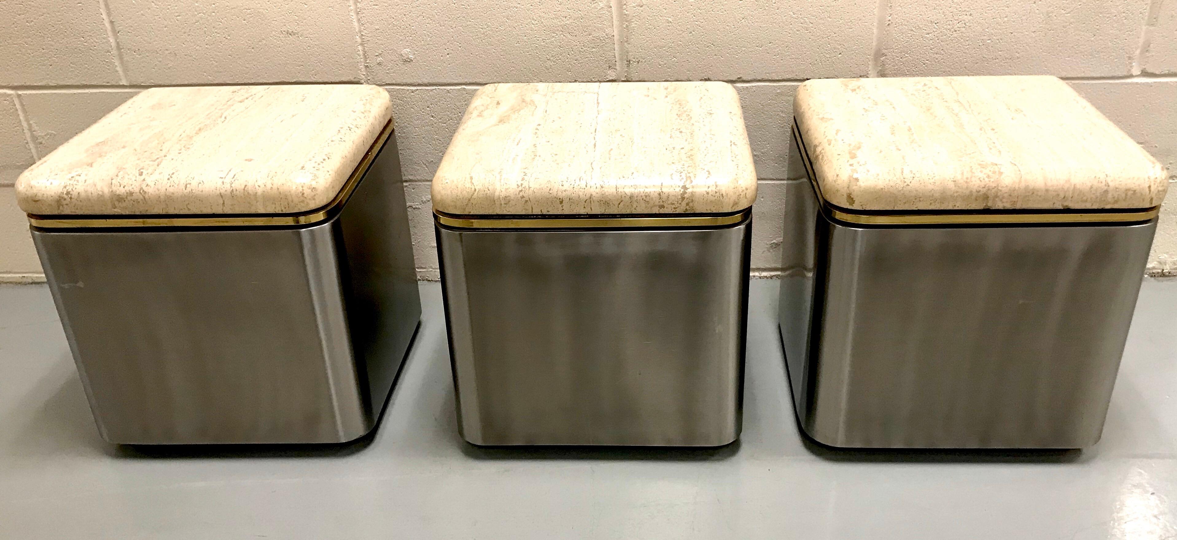 Late 20th Century Group of Three Stainless Steel, Brass and Travertine Tables on Casters For Sale