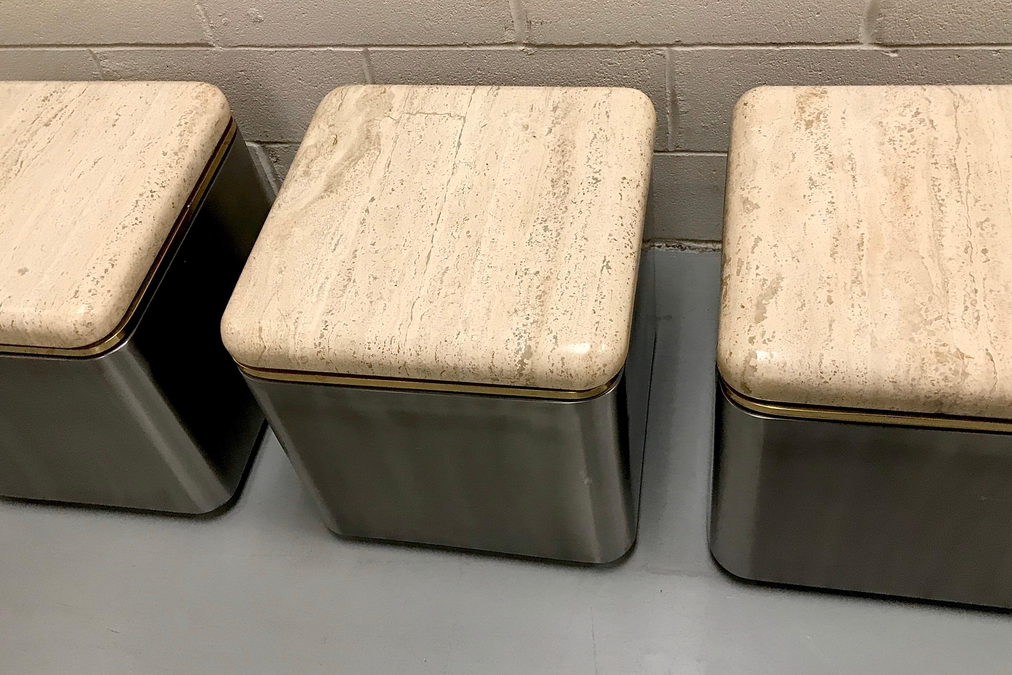 Group of Three Stainless Steel, Brass and Travertine Tables on Casters For Sale 1