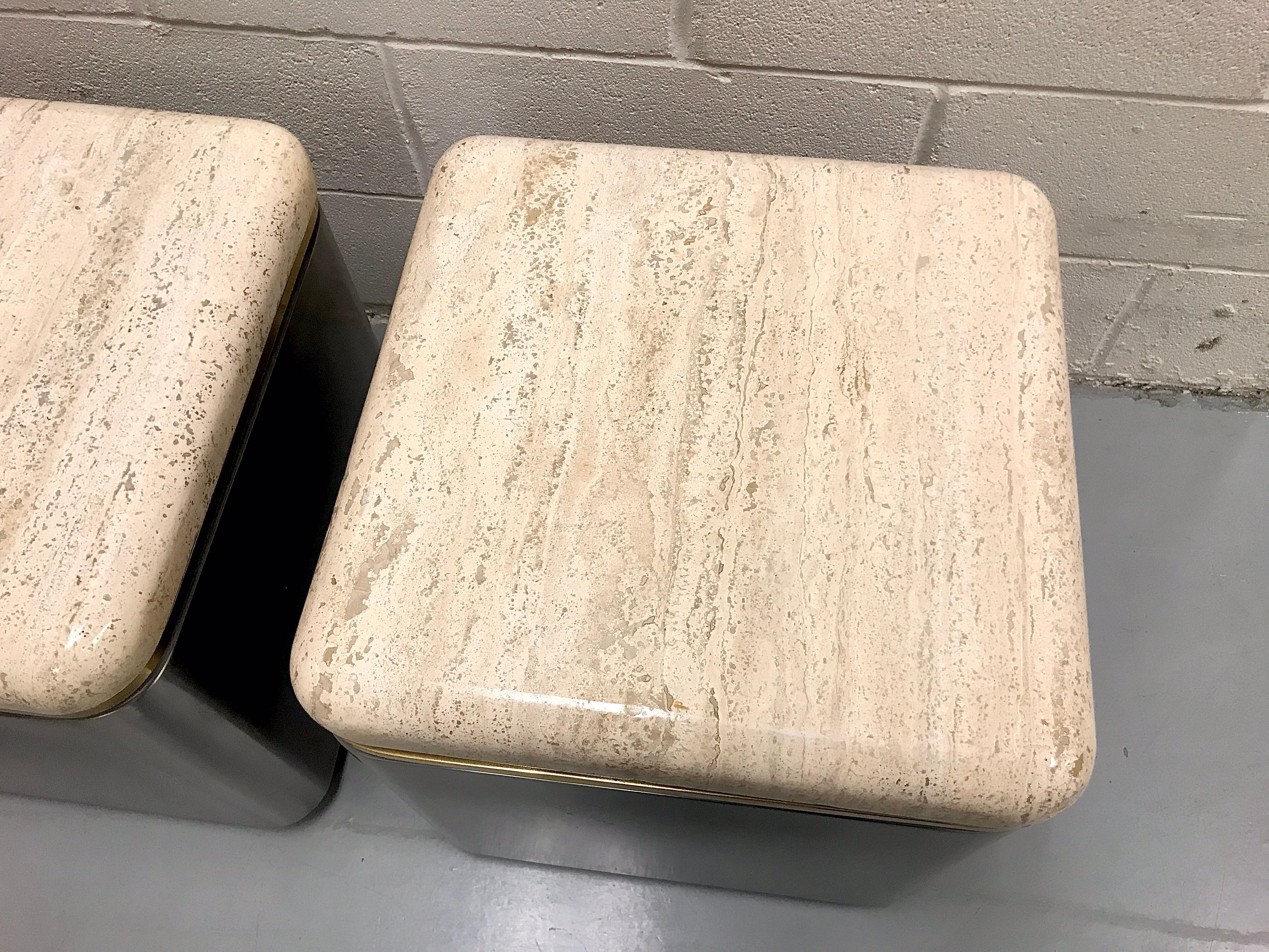 Group of Three Stainless Steel, Brass and Travertine Tables on Casters For Sale 2
