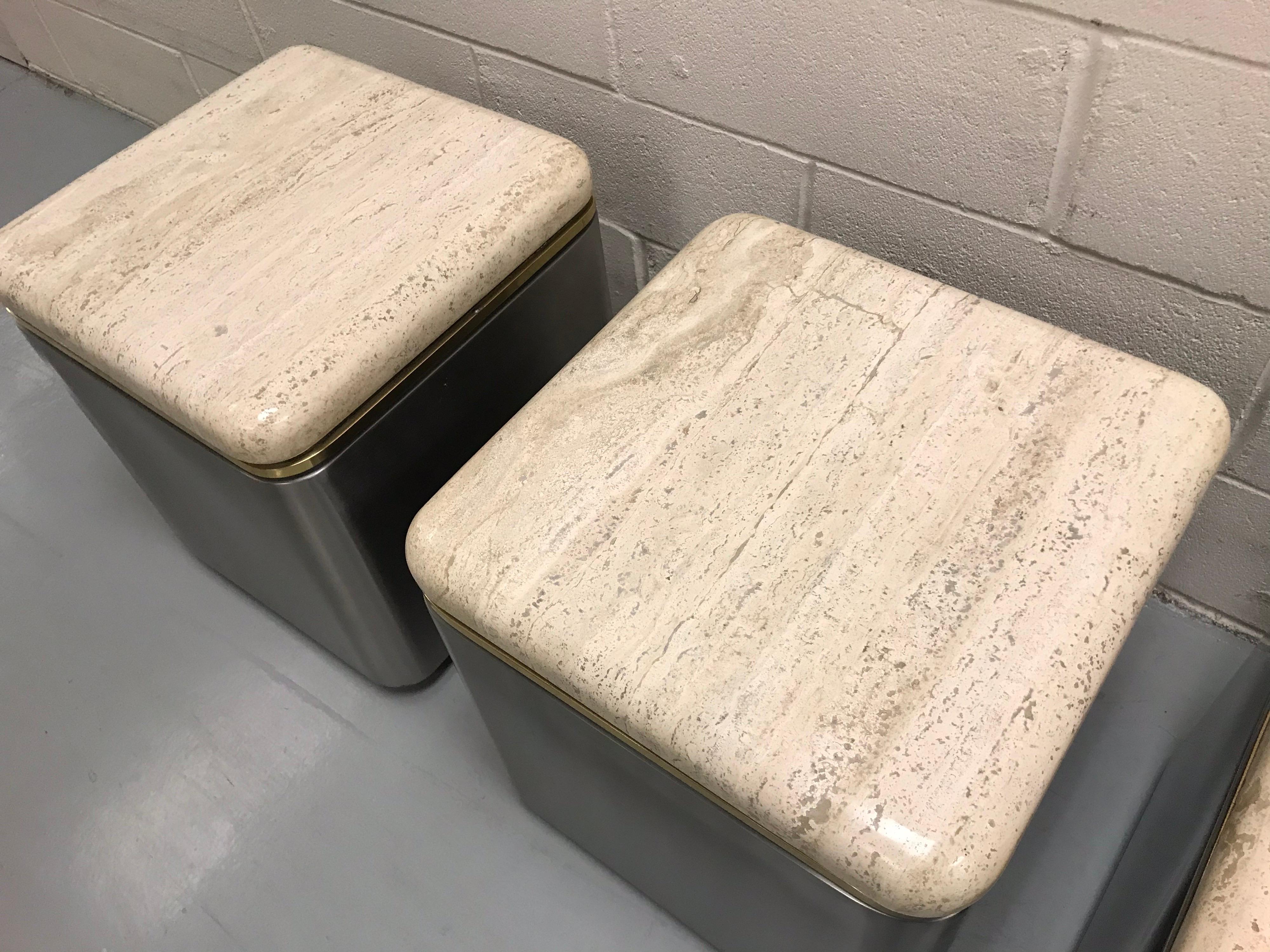 Group of Three Stainless Steel, Brass and Travertine Tables on Casters For Sale 3
