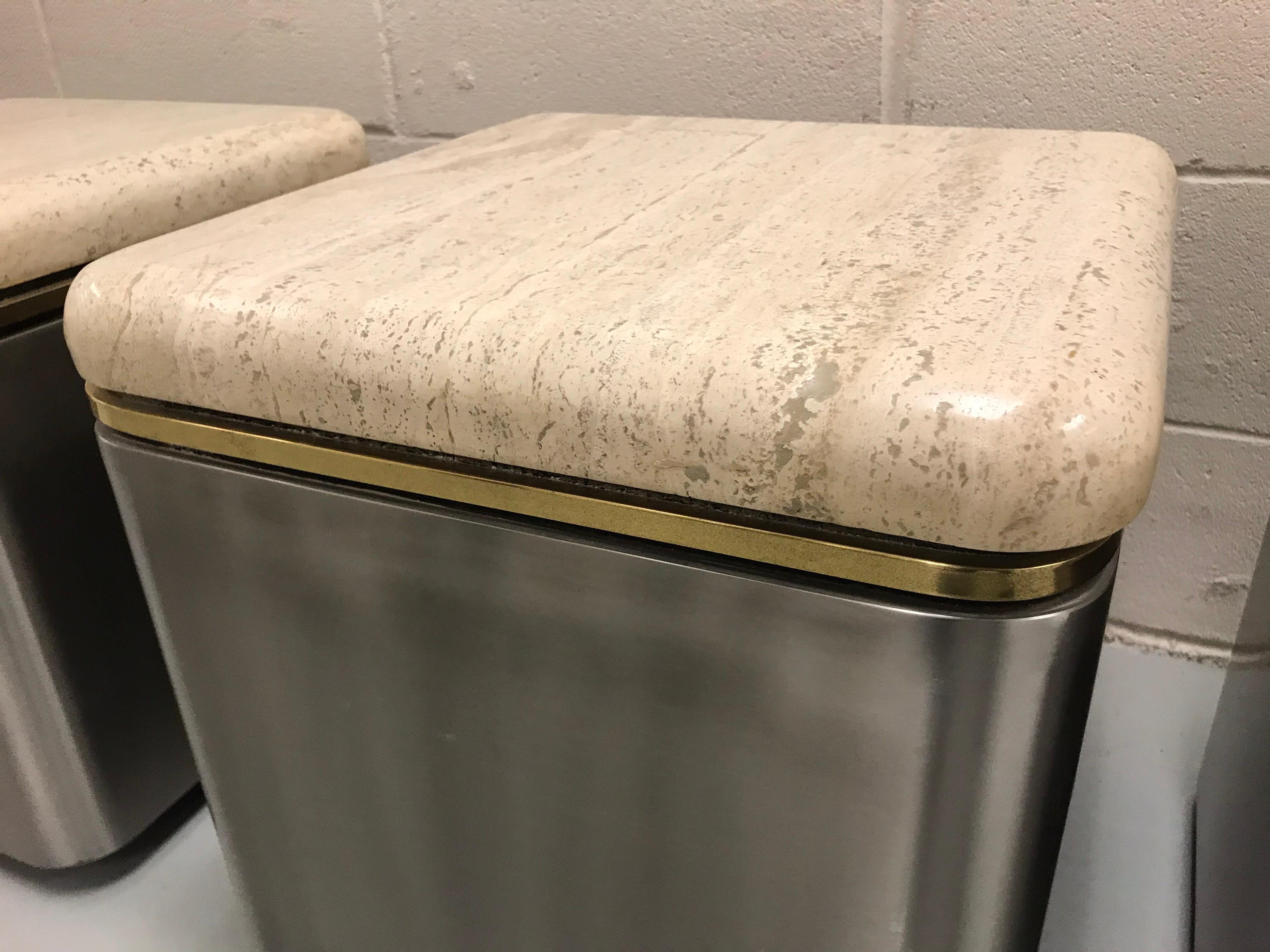 Group of Three Stainless Steel, Brass and Travertine Tables on Casters For Sale 4