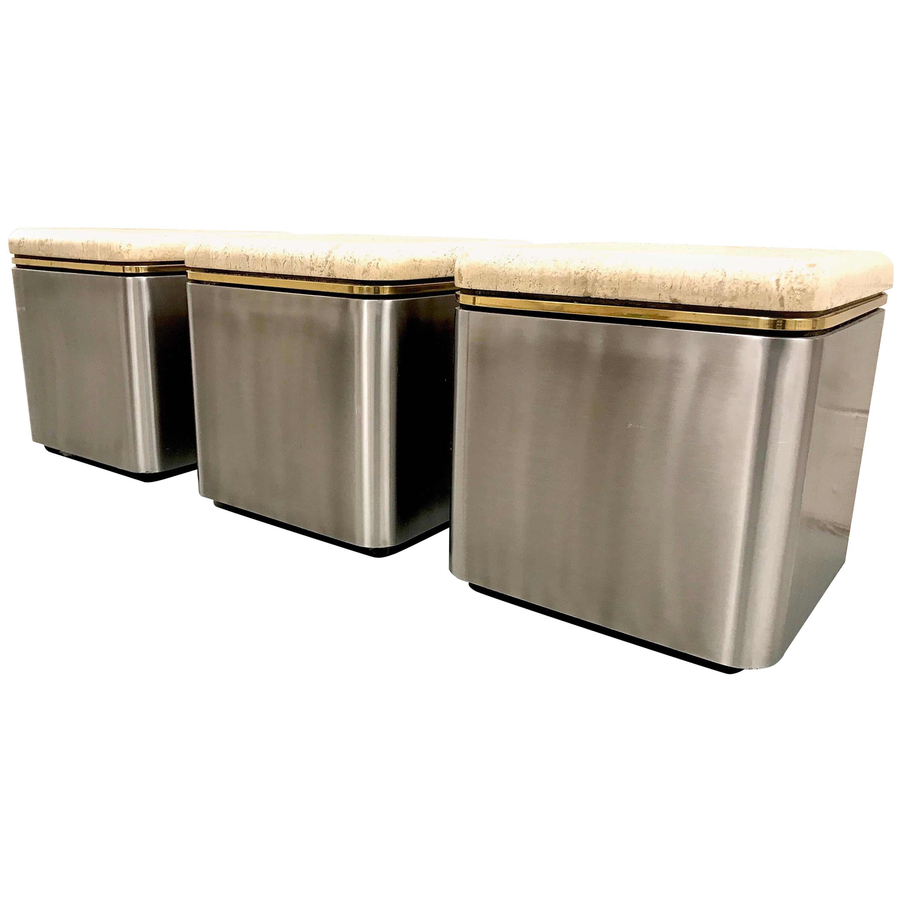 Group of Three Stainless Steel, Brass and Travertine Tables on Casters For Sale