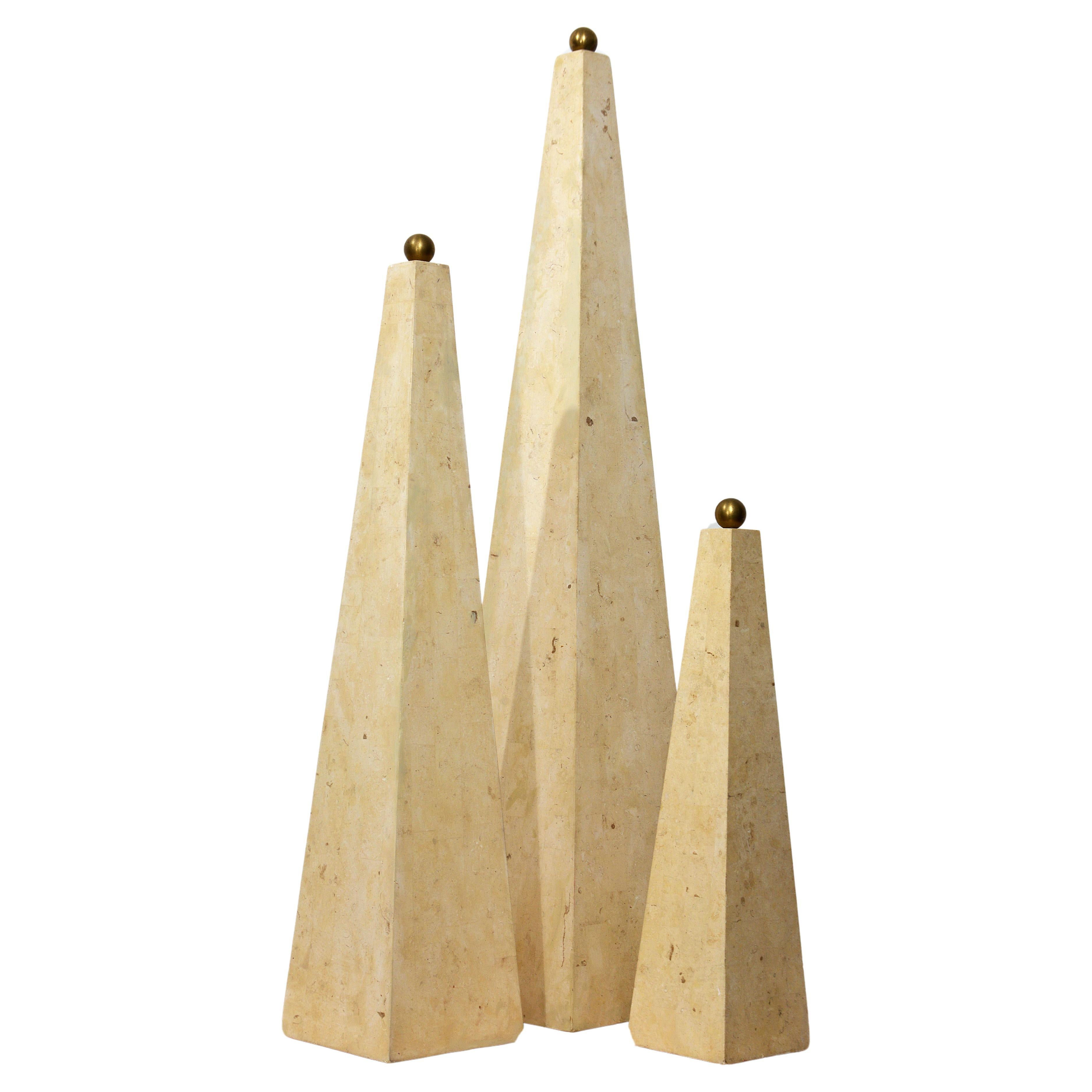 Group of Three Various Size Post Modern Tesselated Travertine Stone Obelisks For Sale