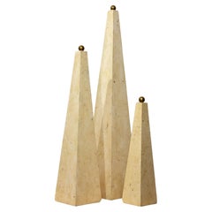 Group of Three Various Size Post Modern Tesselated Travertine Stone Obelisks