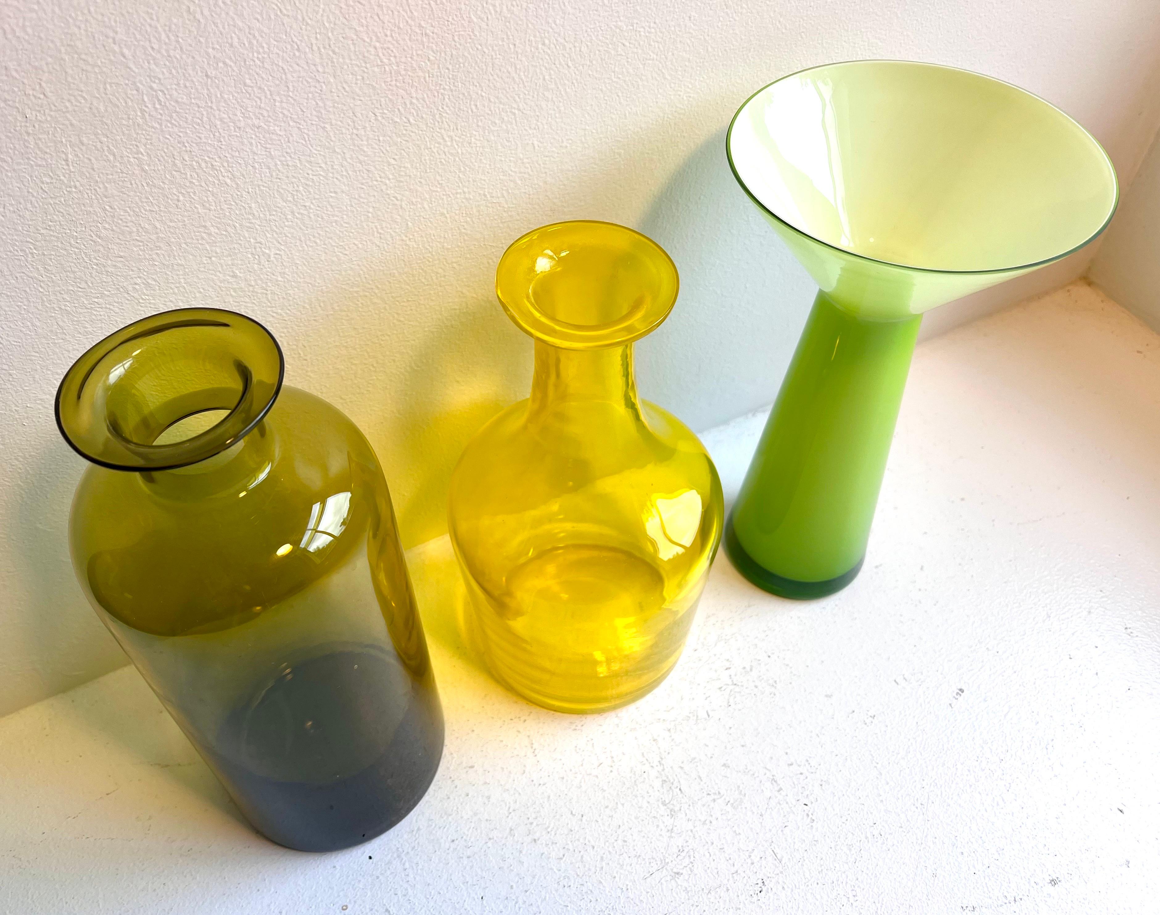 Mid-Century Modern Group of Three Vintage Decorative Tall Glass Vessels, Denmark, 1960's For Sale