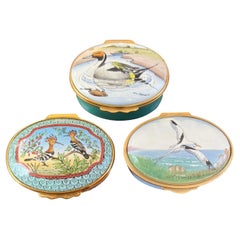 Group of Three Vintage English Enamel Boxes Hand-Painted Bird-Themed Designs