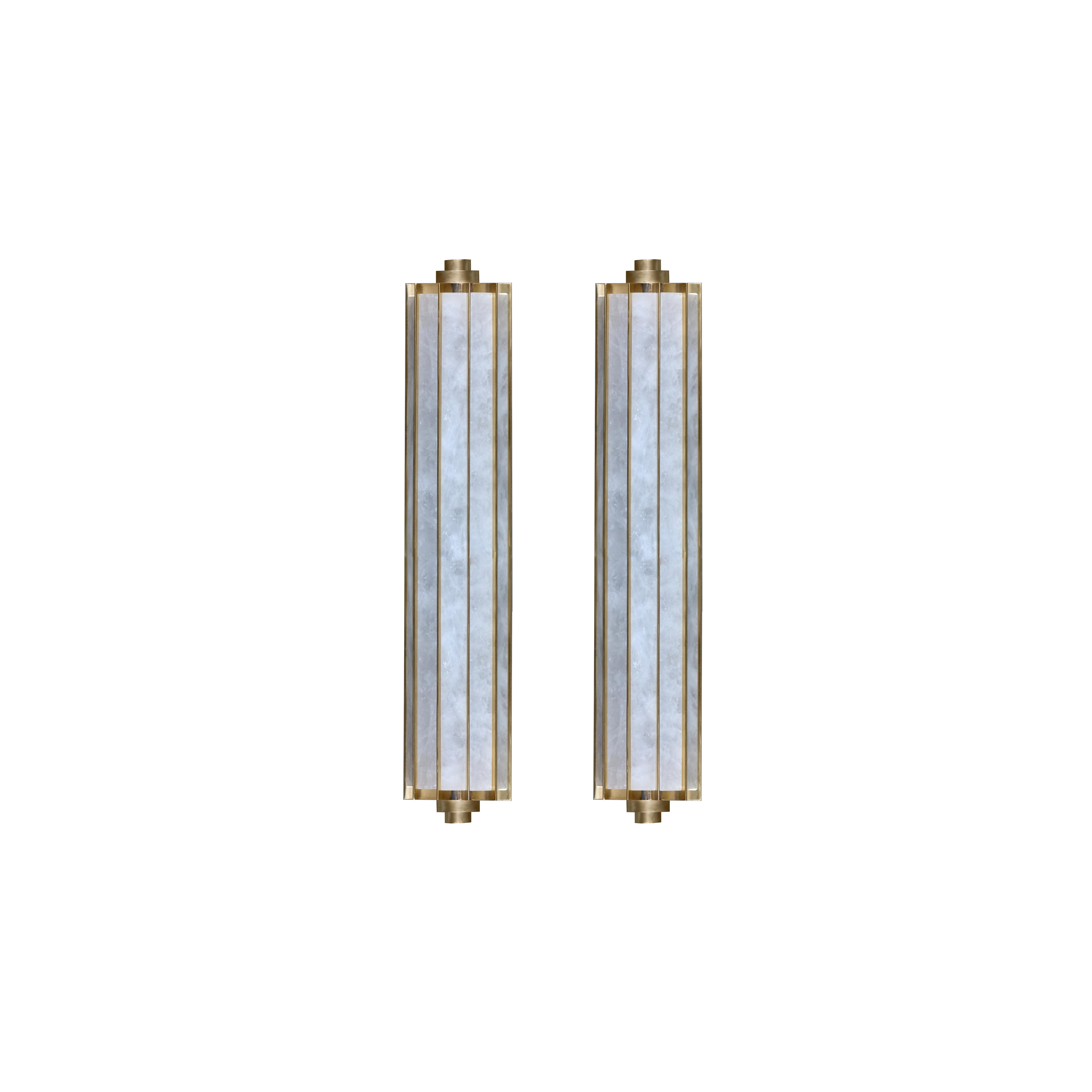Group of two rock crystal sconces with polish brass decoration. 
Created by Phoenix Gallery. 
Each sconces installed four sockets. 
Use four 60w LED candelabra light bulb.
Metal finish and quantity upon request.
 