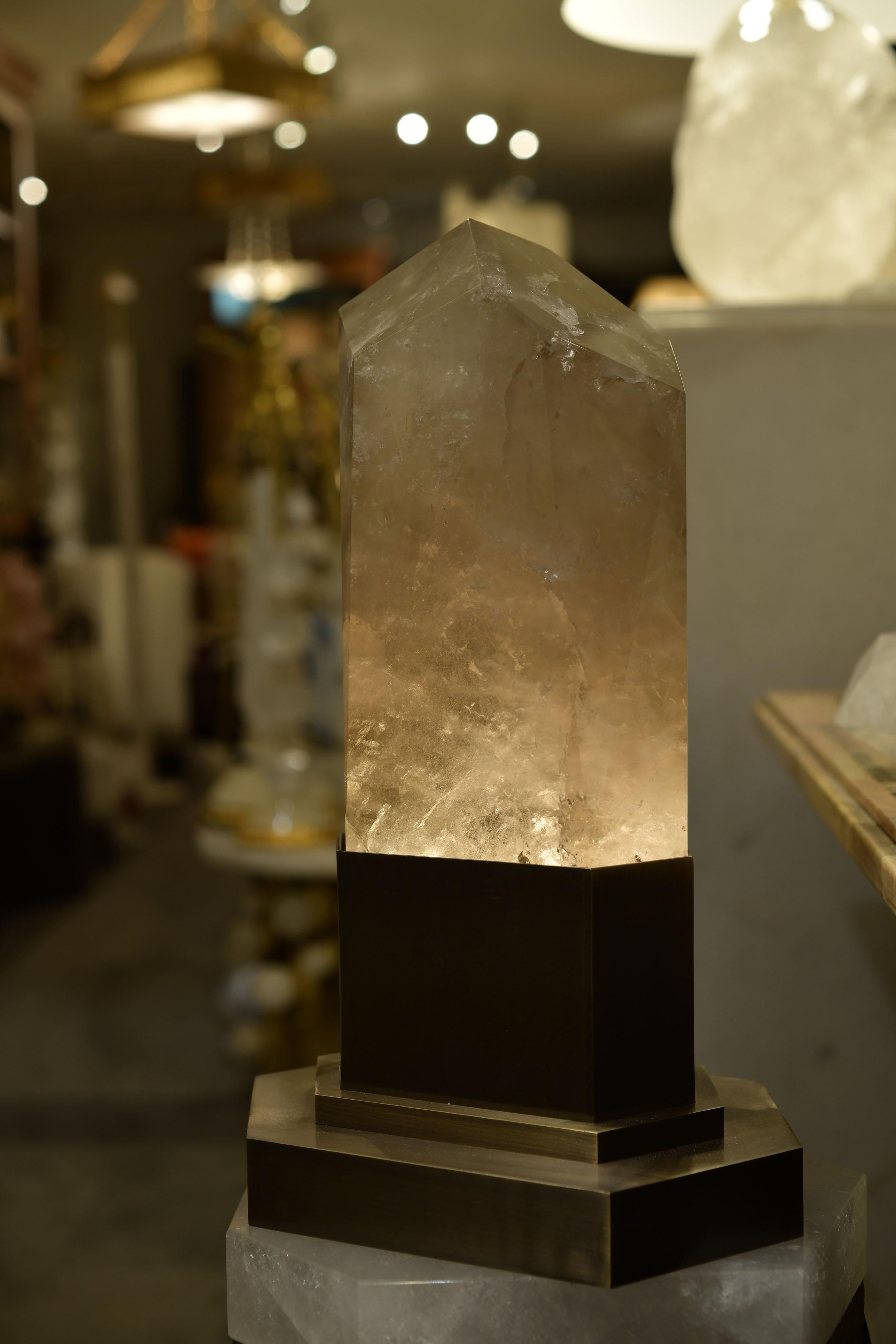 Quartz Group of Two Smoky Rock Crystal Obelisk Lights For Sale