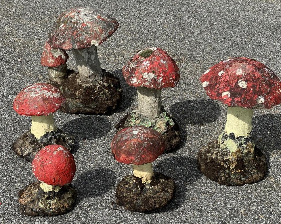 Group of Vintage Cast and Painted Cement Mushrooms as Garden Ornaments 5