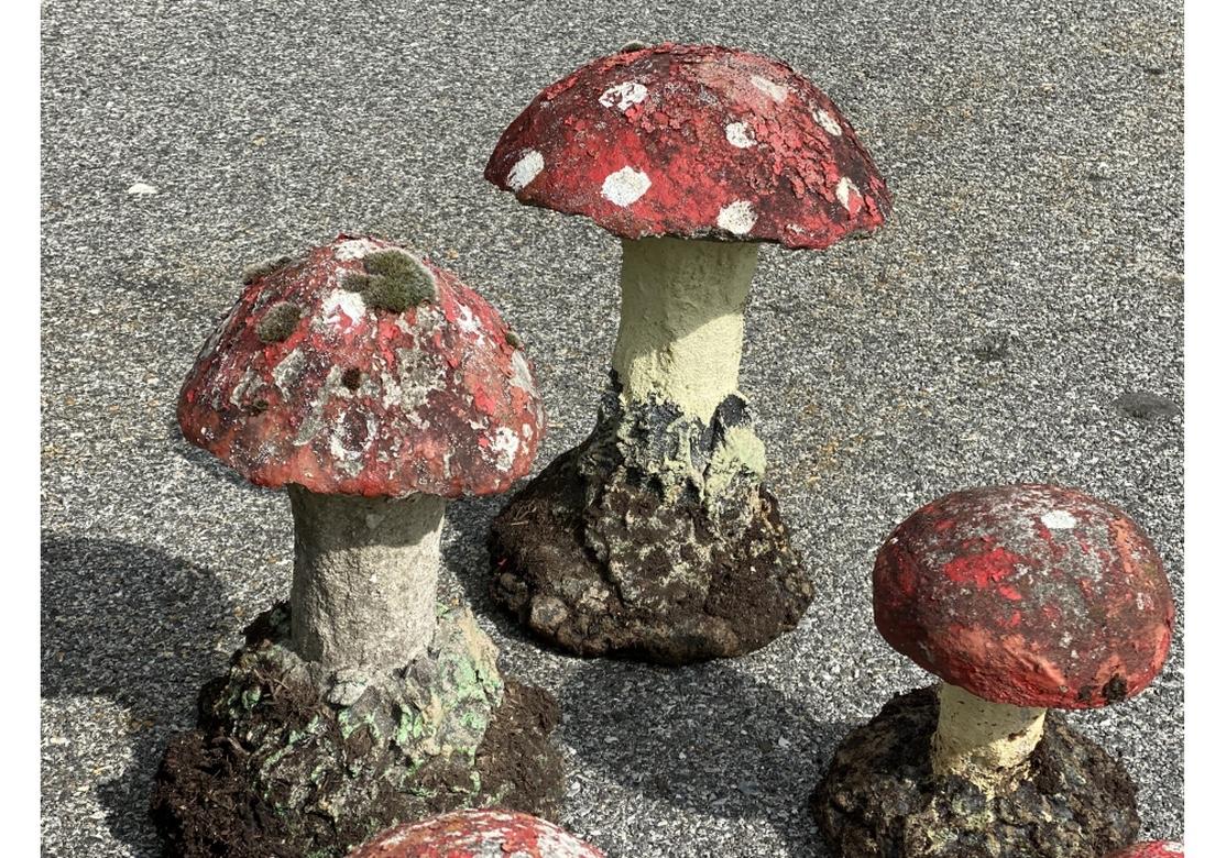 Mid-Century Modern Group of Vintage Cast and Painted Cement Mushrooms as Garden Ornaments