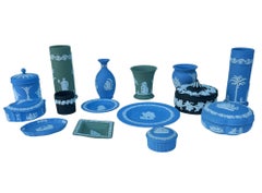 Group of Wedgwood Jasperware Pottery Vase Dish Bowl & Box in Blue Green & Black
