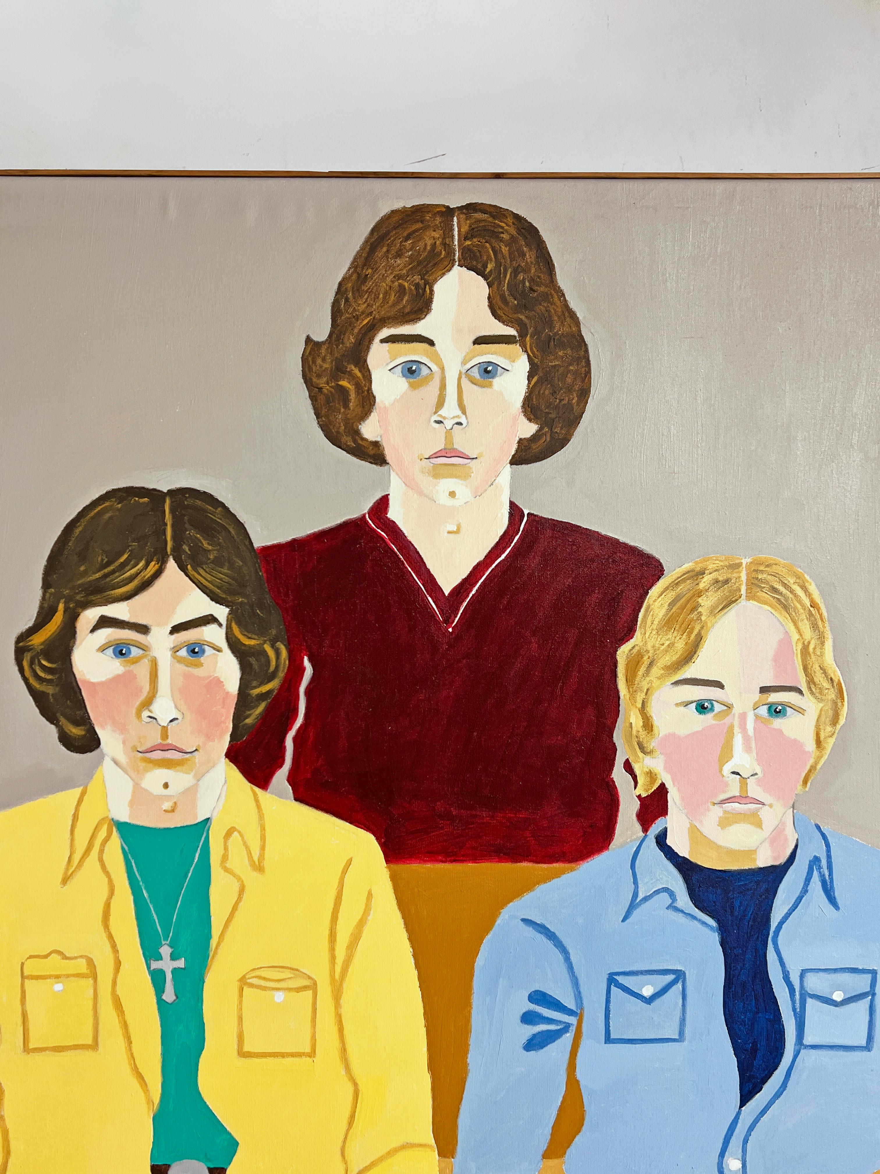 A large canvas by the Wellesley, MA artist Maryann Jaczko. Titled “The Boys are Home, 1977” This work channels the emotionally charged but “billboard” flat figurative works first popularized by Alice Neel and Alex Katz during that decade. 