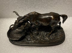 Bronze Group With Brown Patina Mare And Her Foal By Pierre Jules Mène