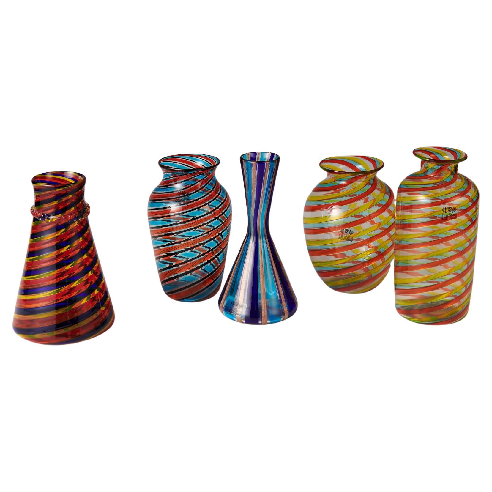 Groupe of 5 canne vases murano Fratelli Toso vintage, signed