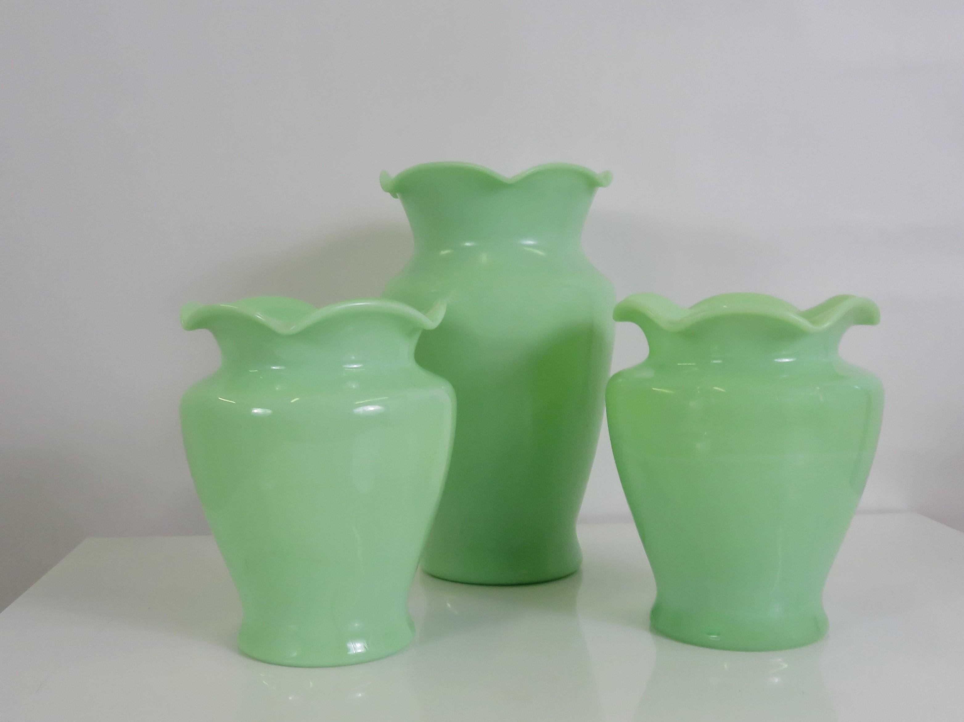 A grouping of 3 McKee Jadite green glass sarah vases in two sizes, 0ne #1 Size (11 1/2
