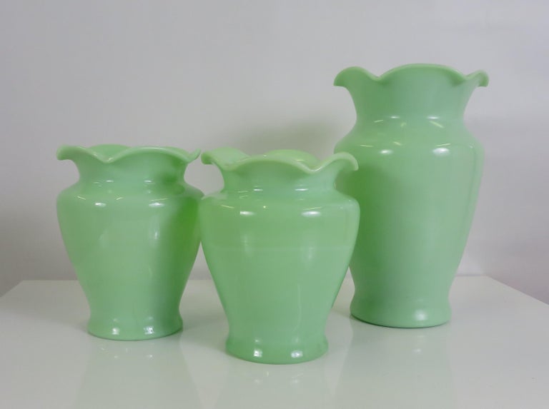 Grouping of 3 Jadite Green MidCentury Modern Sarah Vases by McKee