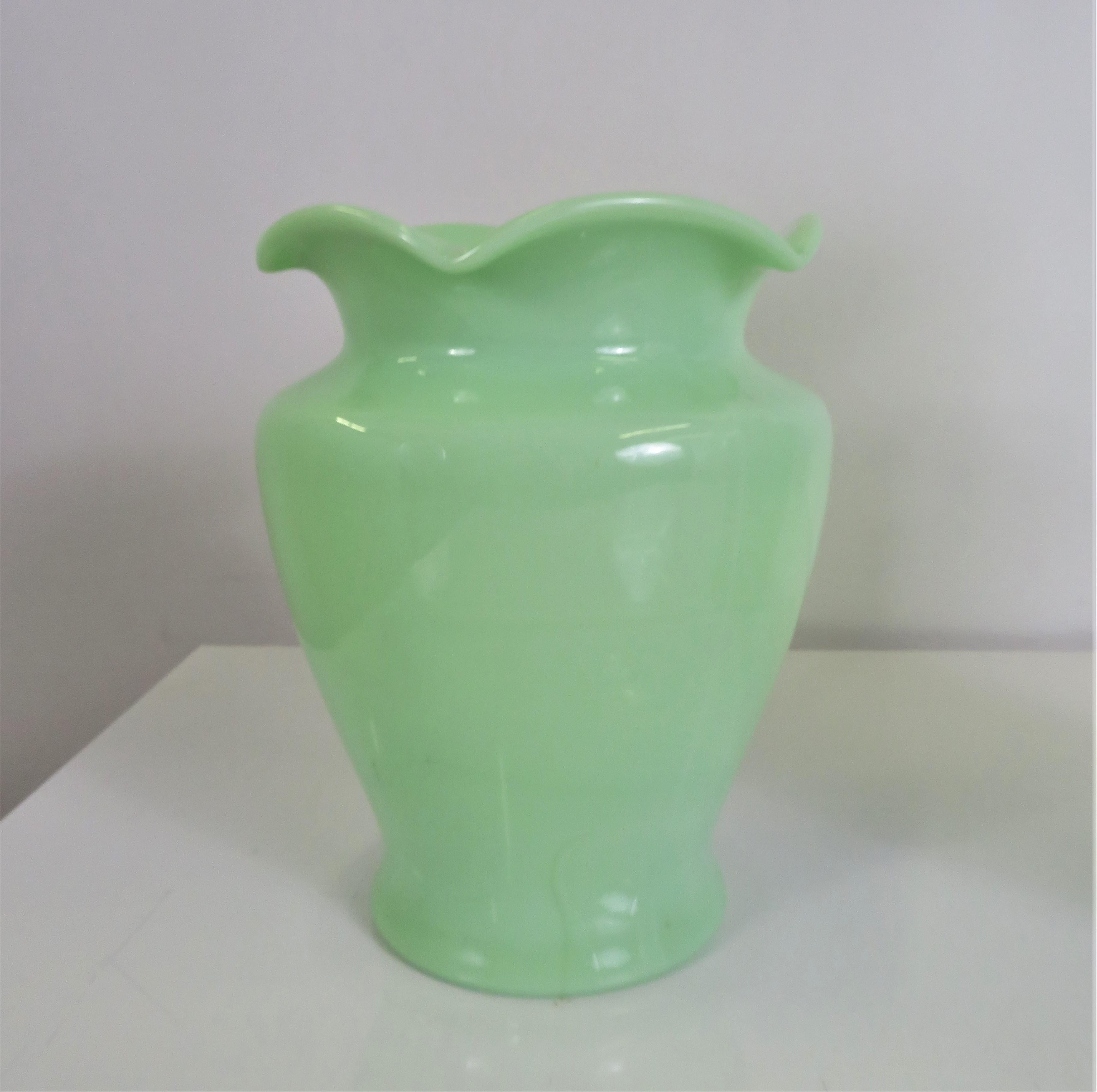 American Grouping of 3 Jadite Green Mid-Century Modern Sarah Vases by McKee Glass 1940s