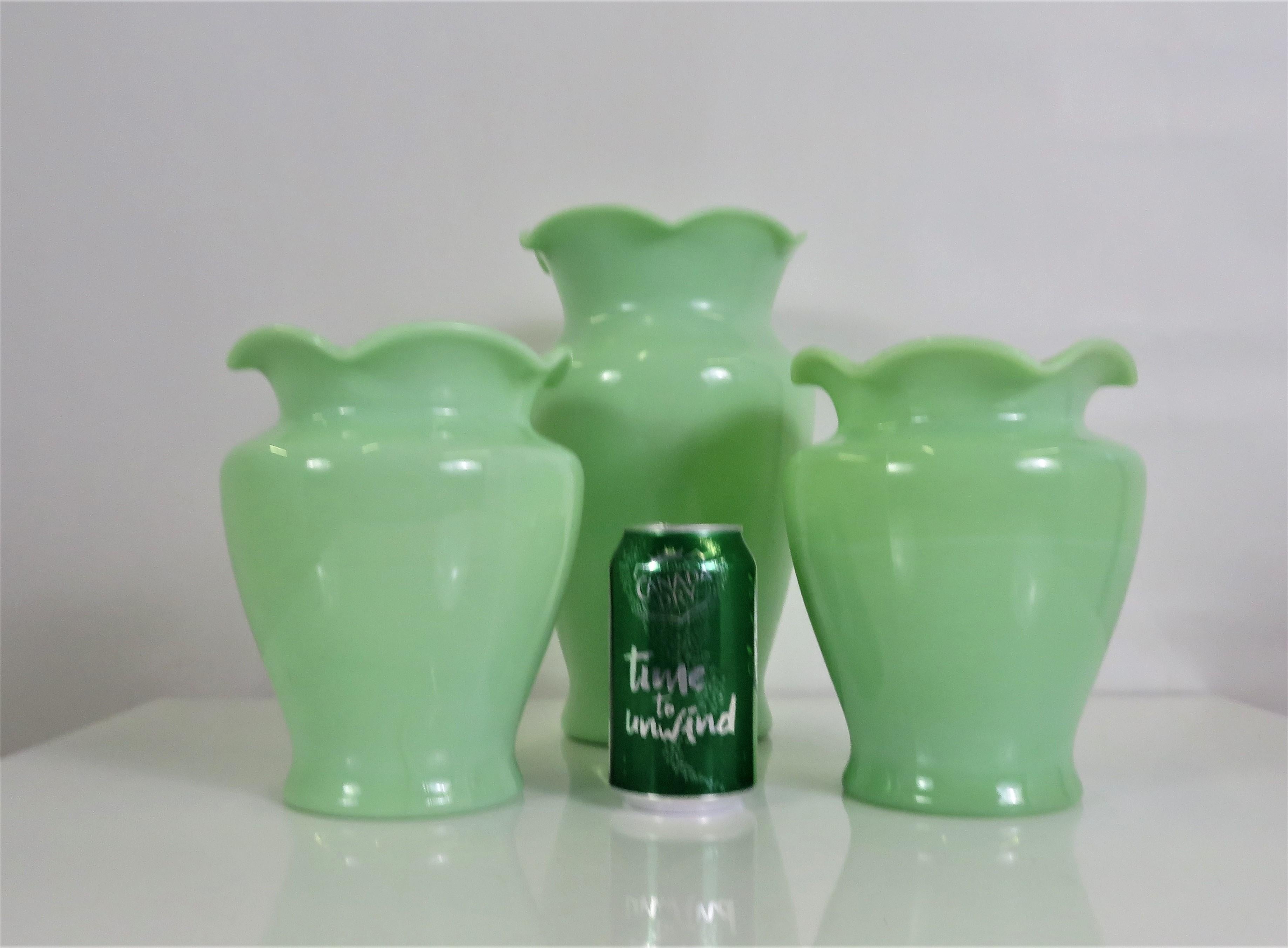 Mid-20th Century Grouping of 3 Jadite Green Mid-Century Modern Sarah Vases by McKee Glass 1940s