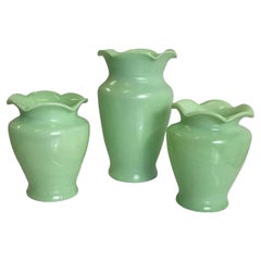 Grouping of 3 Jadite Green Mid-Century Modern Sarah Vases by McKee Glass 1940s