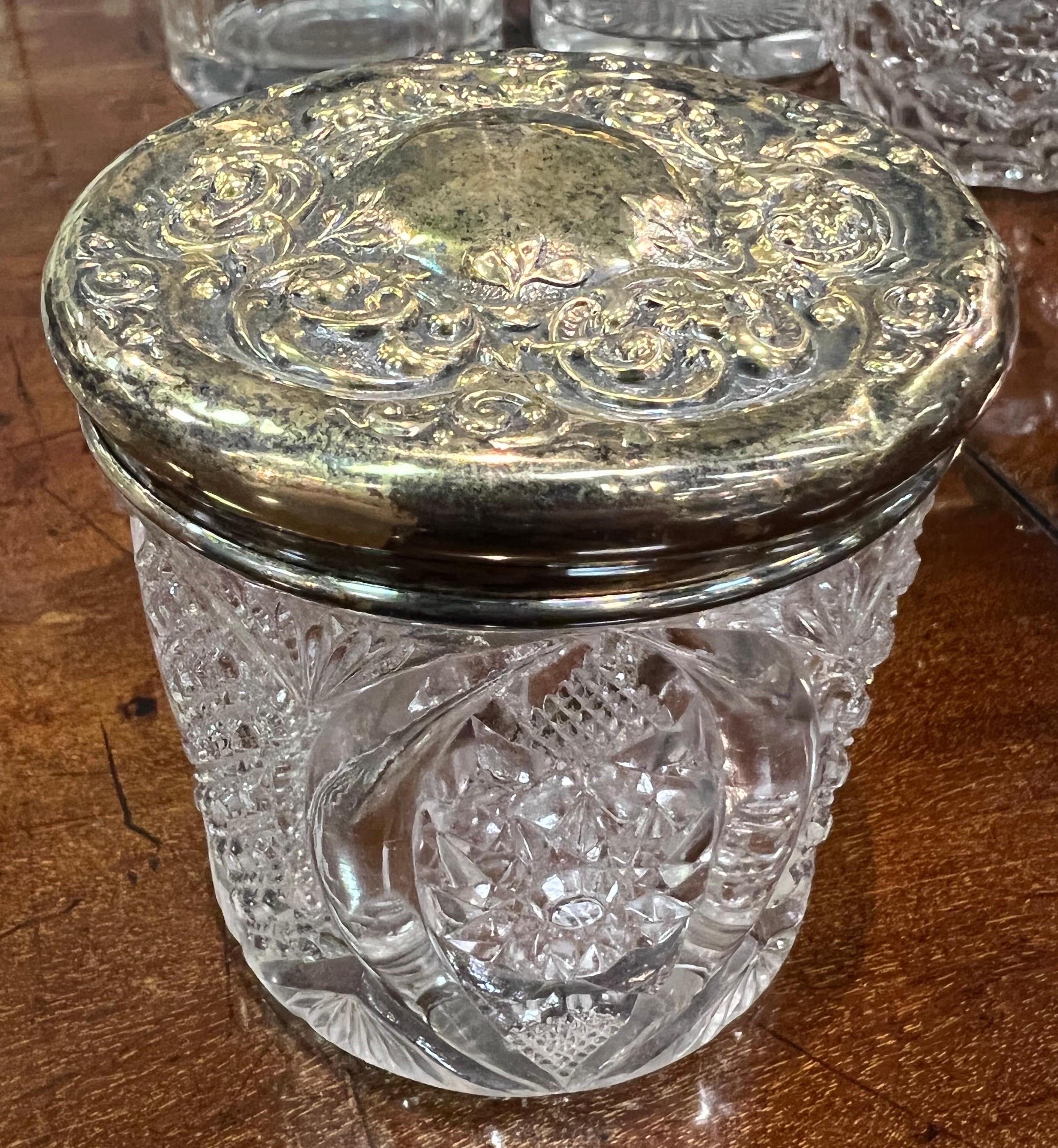 Grouping of 8 Cut Glass Jars with Sterling and Brass Lids For Sale 2