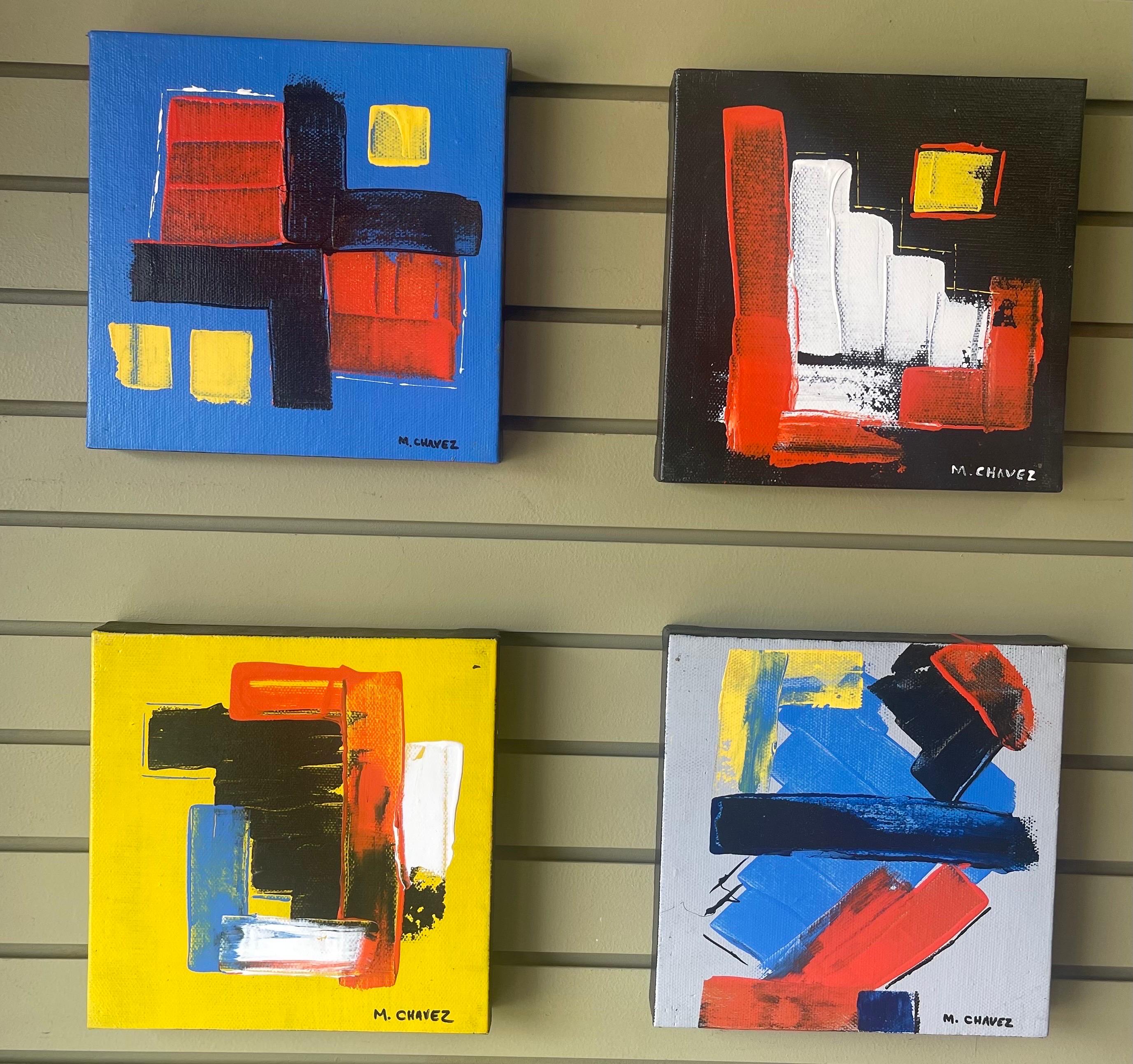 A fun grouping of four original oil on canvas abstract paintings by Mexican artist Miguel Chavez, citca 2000s. The paintings are in very good vintage condition and each measures 10.75