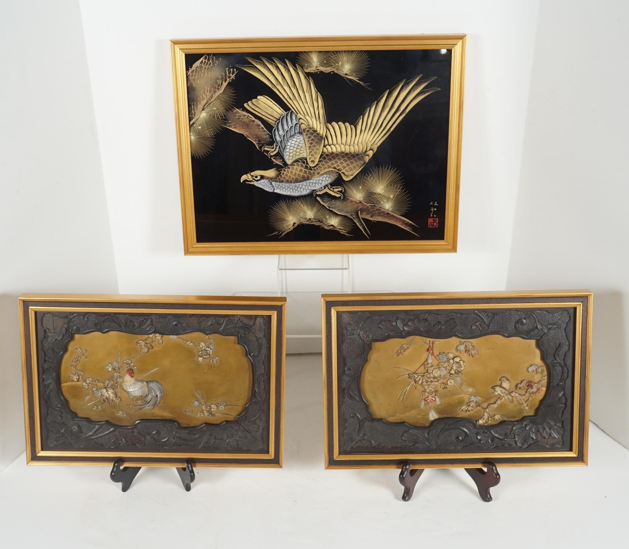The pair of panels are done in a fine gold lacquer with bone, mother of pearl & abalone shell inlays and where made in the mid 19th century. Most likely from a cabinet and retaining the carved frame surrounds from the cabinet. The gold is rich and