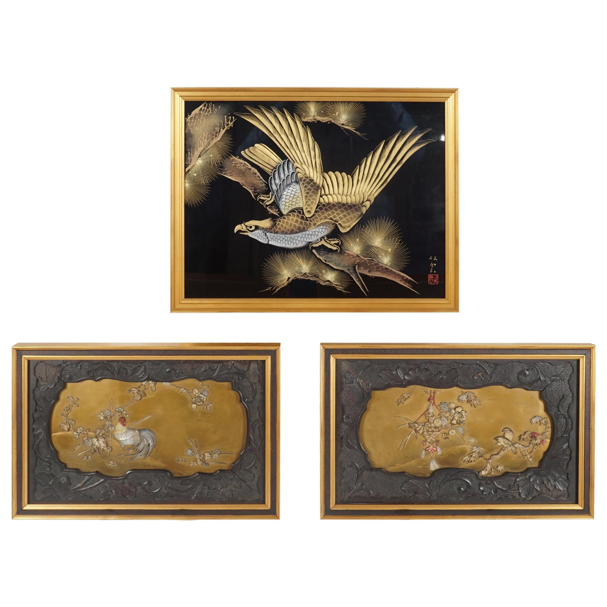 Grouping of Framed 19th and 20th Century Japanese Lacquer Panels