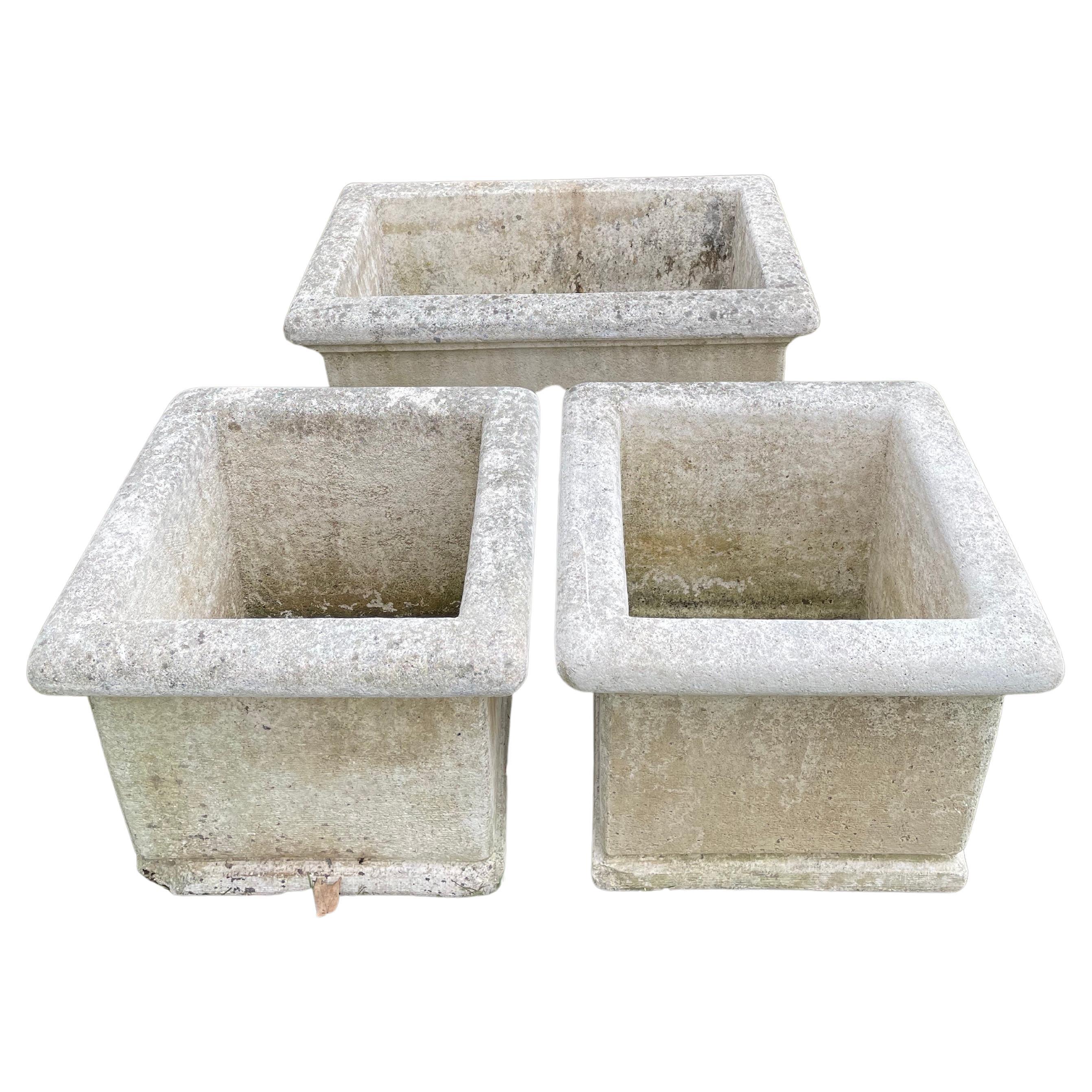 Grouping of Three French Cast Stone Planters Signed La Vieille For Sale