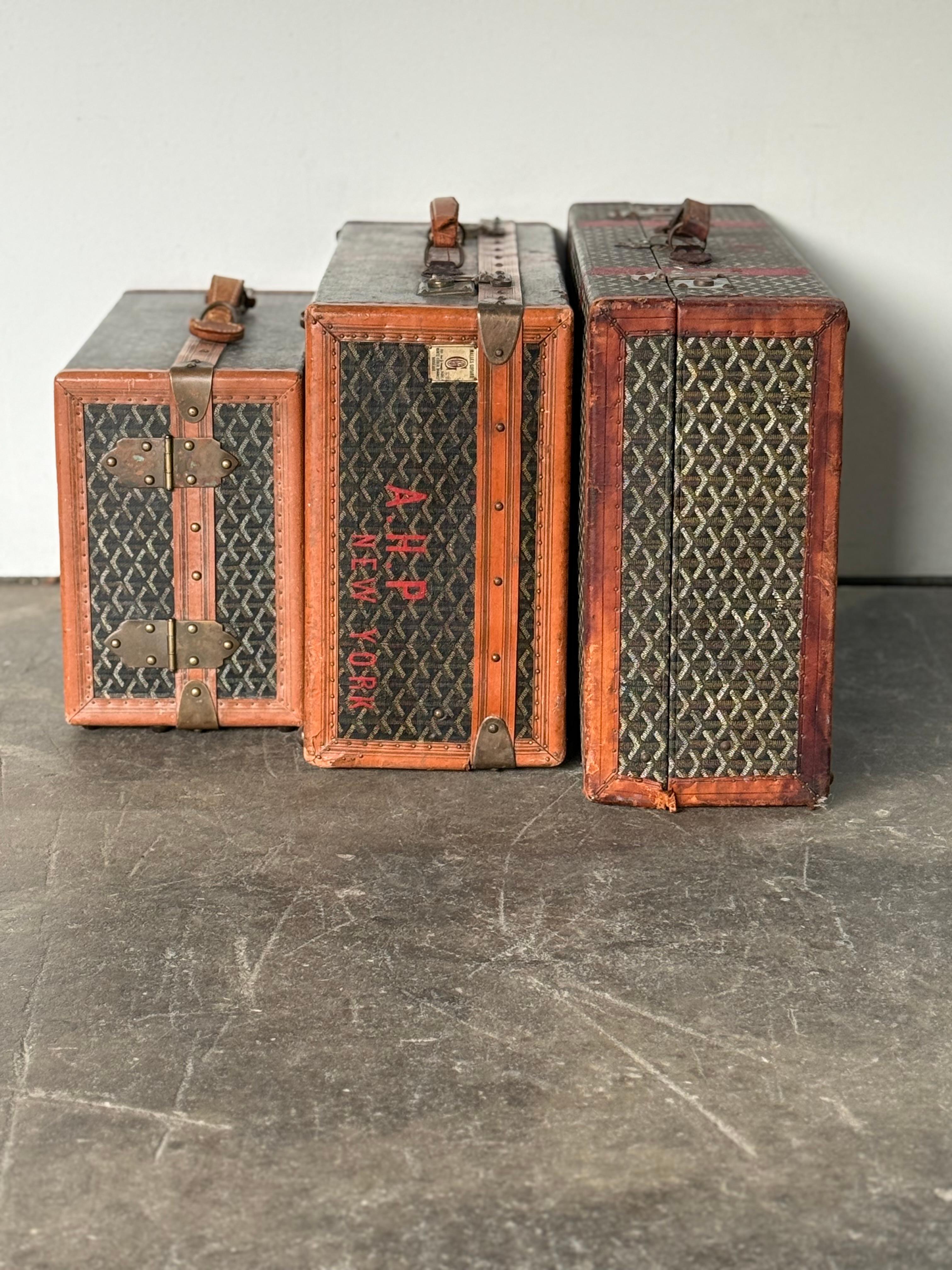Leather Grouping of Three Rare Original Goyard Suitcases/Trunks For Sale