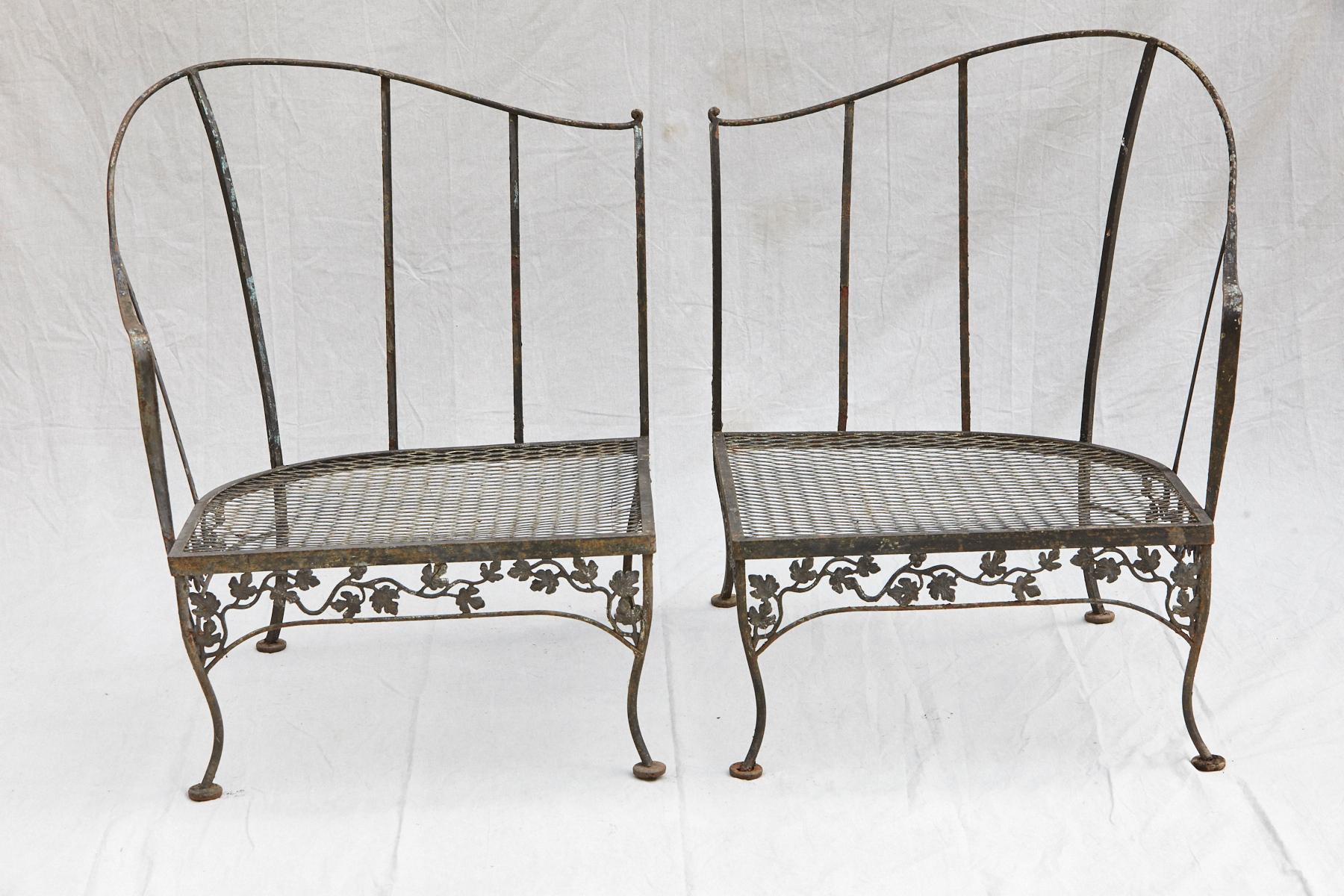 Hollywood Regency Grouping of Woodard Wrought Iron Garden Corner Chairs with Matching Side Table