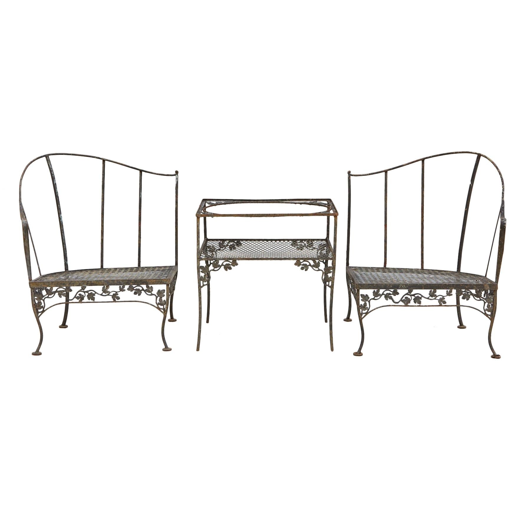 Grouping of Woodard Wrought Iron Garden Corner Chairs with Matching Side Table
