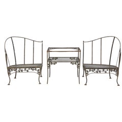 Vintage Grouping of Woodard Wrought Iron Garden Corner Chairs with Matching Side Table