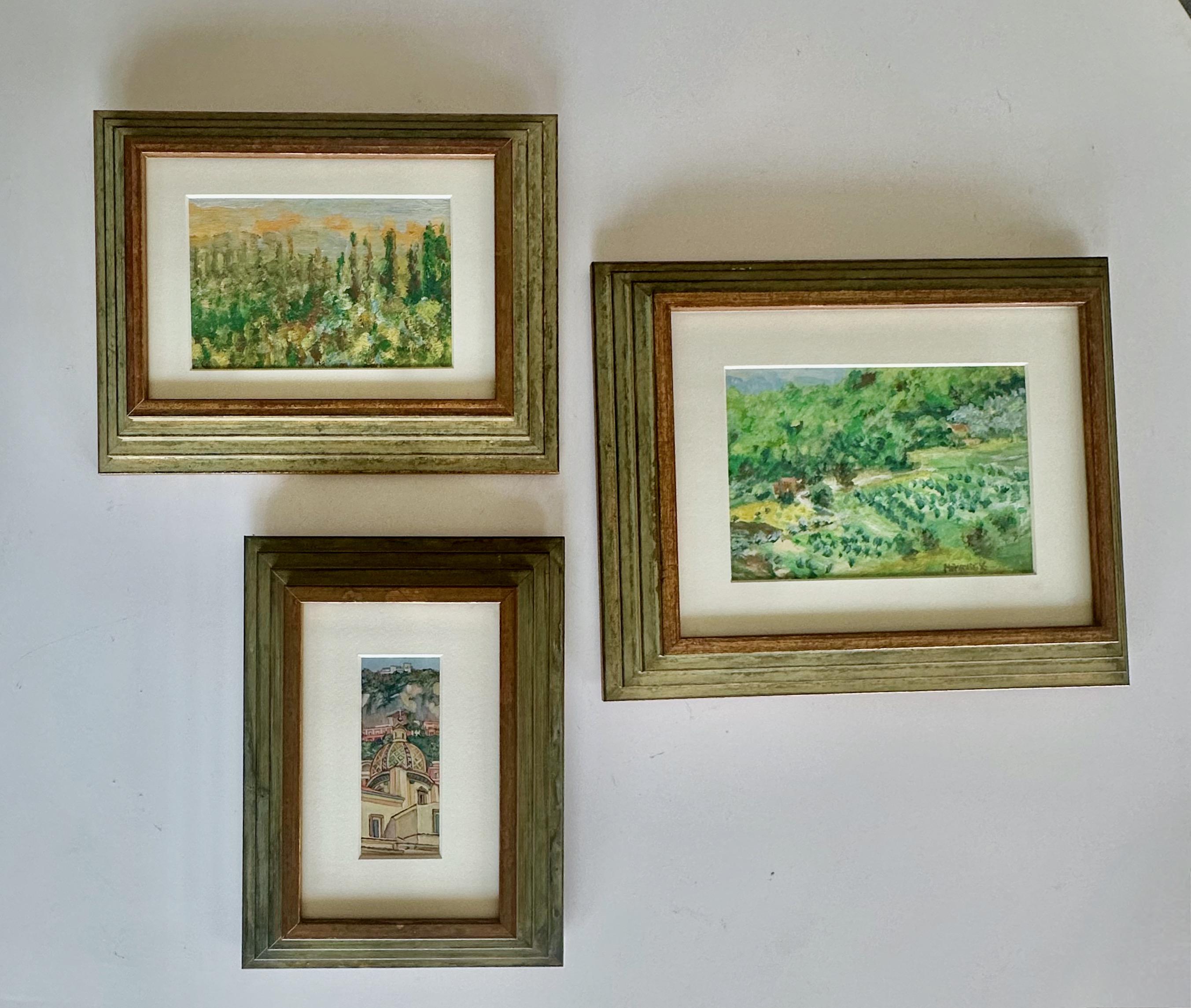 Schöne Gruppierung von 3 Miniatur-Öl/Acryl-Gemälden im impressionistischen Stil von verschiedenen Experten gemalt und professionell gerahmt. Zwei der Gemälde sind signiert. 

#1 das größte Gemälde von Bauernhof und Wald 
Rahmen 11