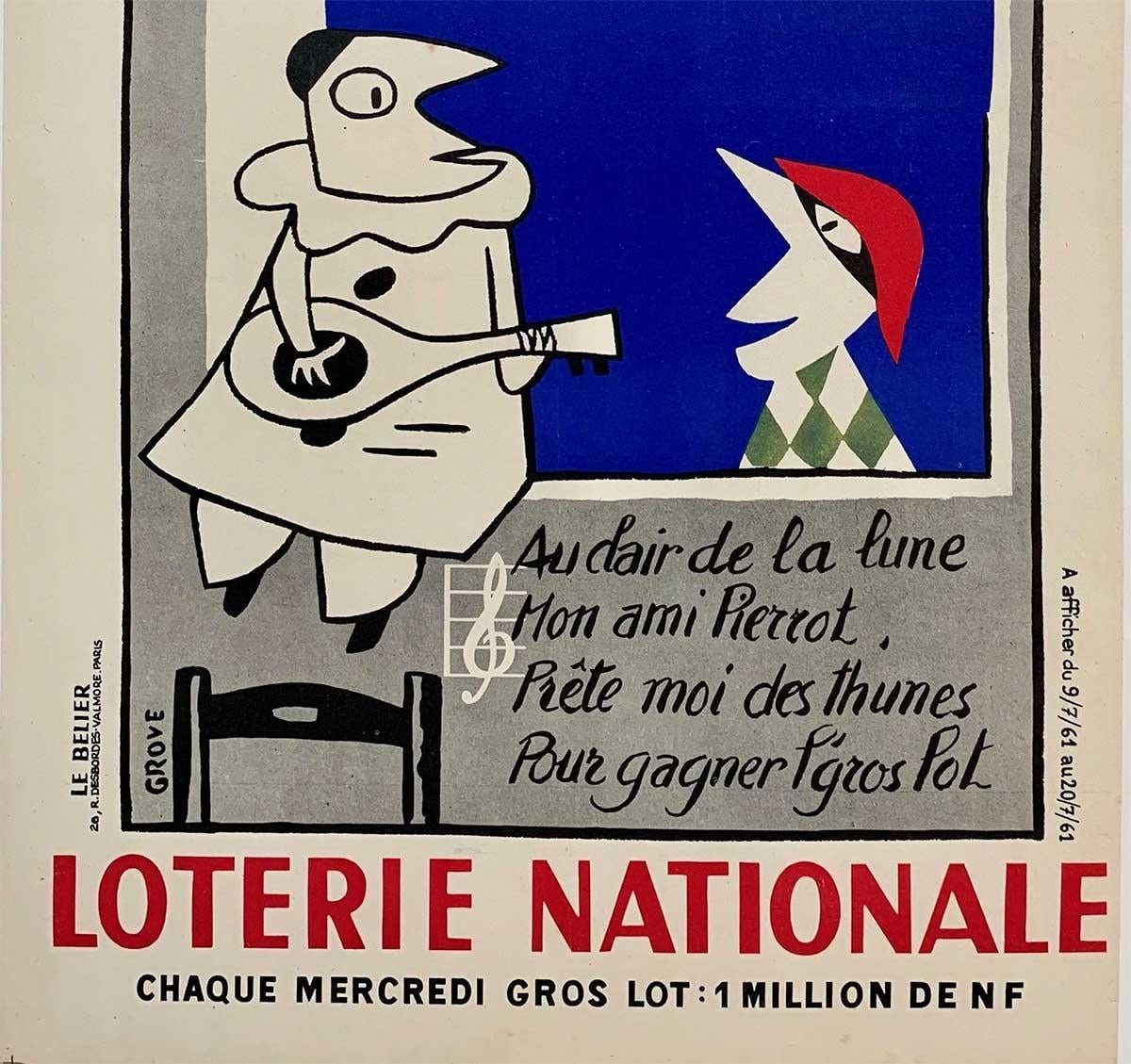 Poster vintage originale di AIRS DE CHANCE Loterie Nationale.  Tradotto, significa: 