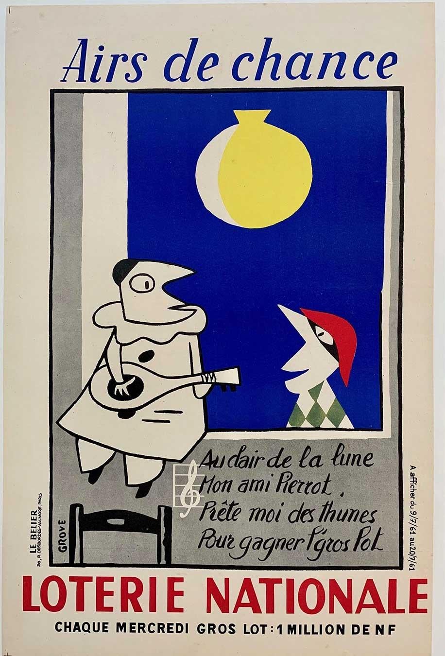 Cartel original francés de lotería AIRS DE CHANCE Loterie Nationale