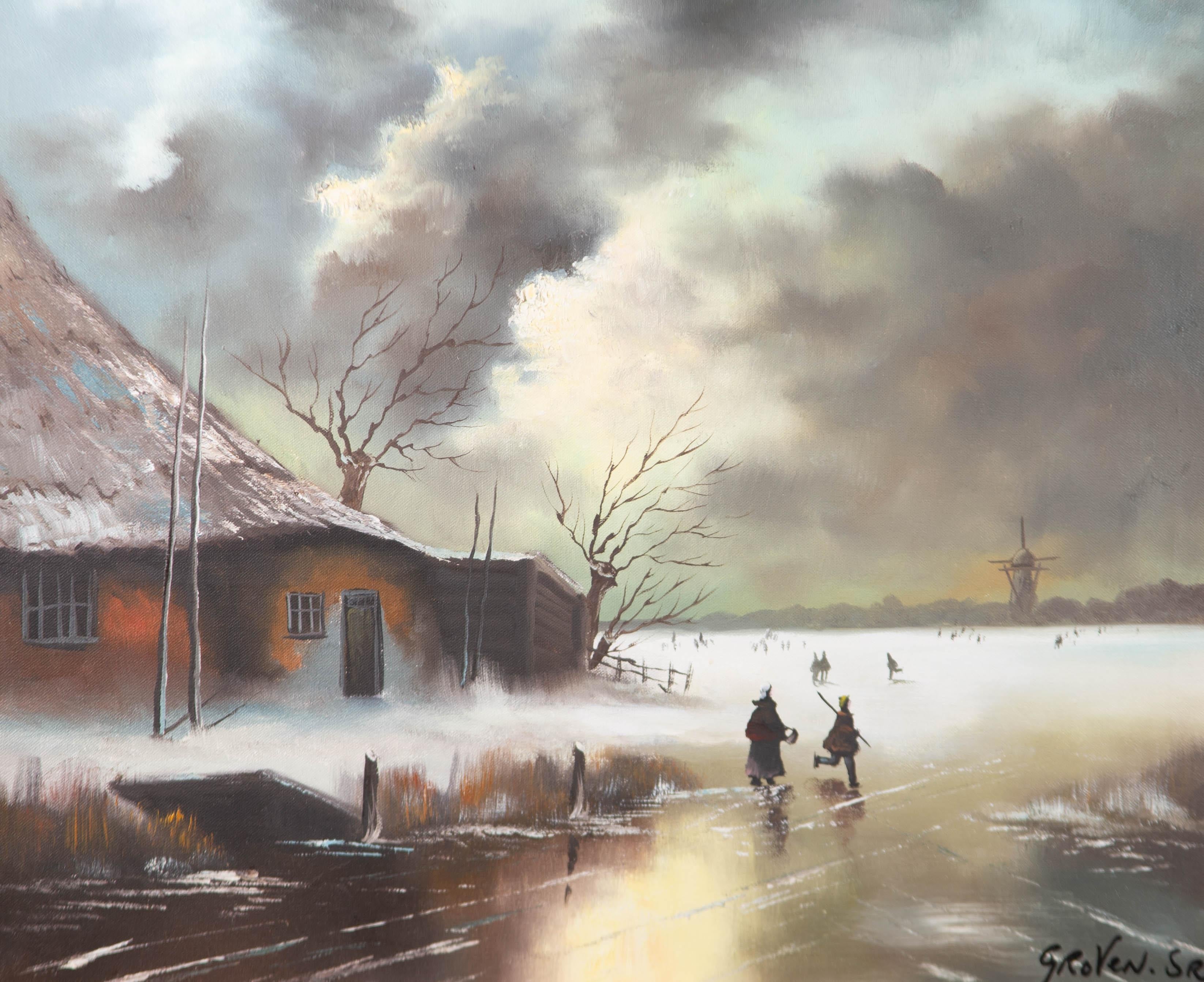 Groven - 20th Century Oil, Ice Skating on the Lake For Sale 1