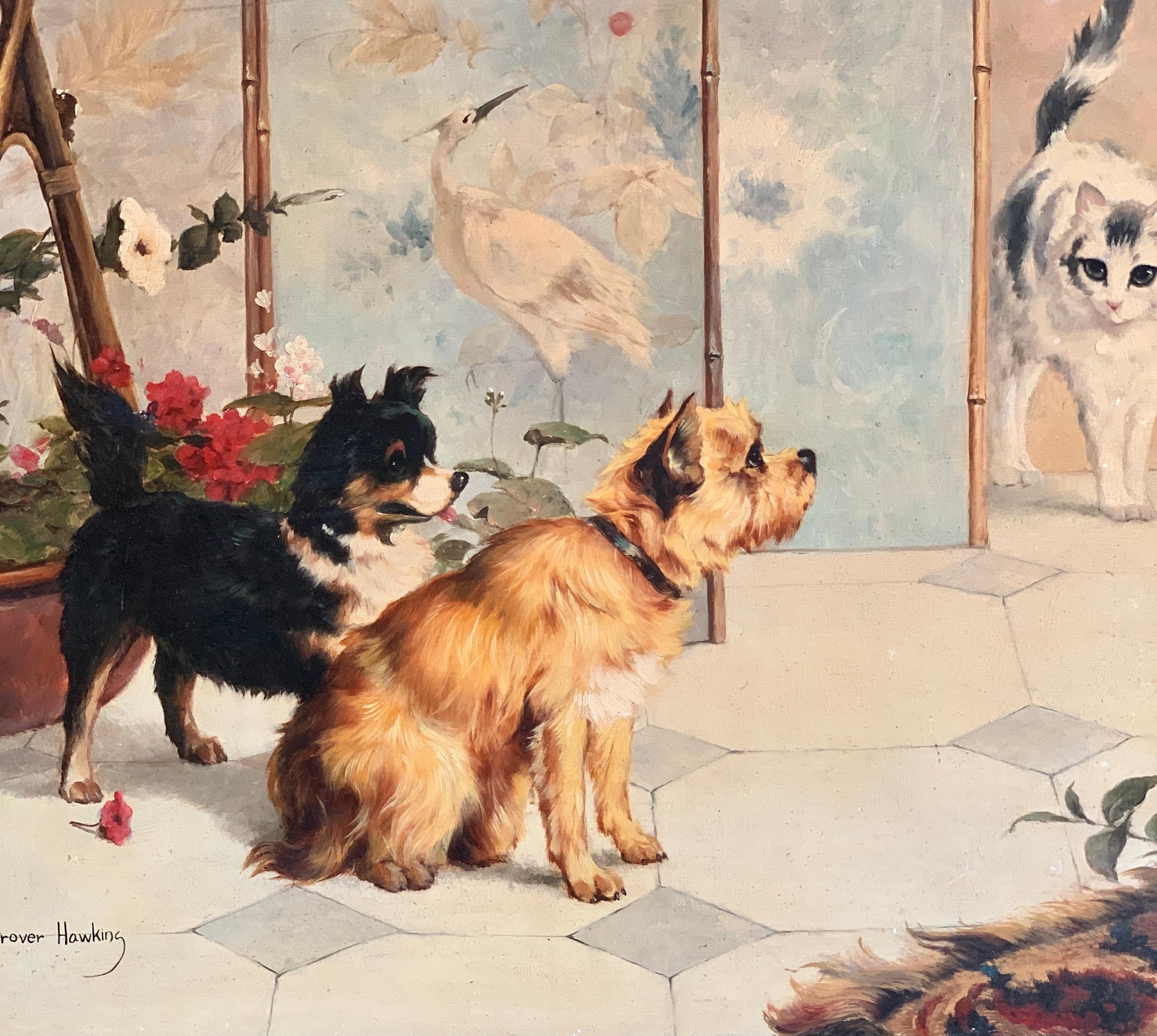 Two Dogs in a Japanese inspired interior surprising a cat - Painting by Grower Hawking