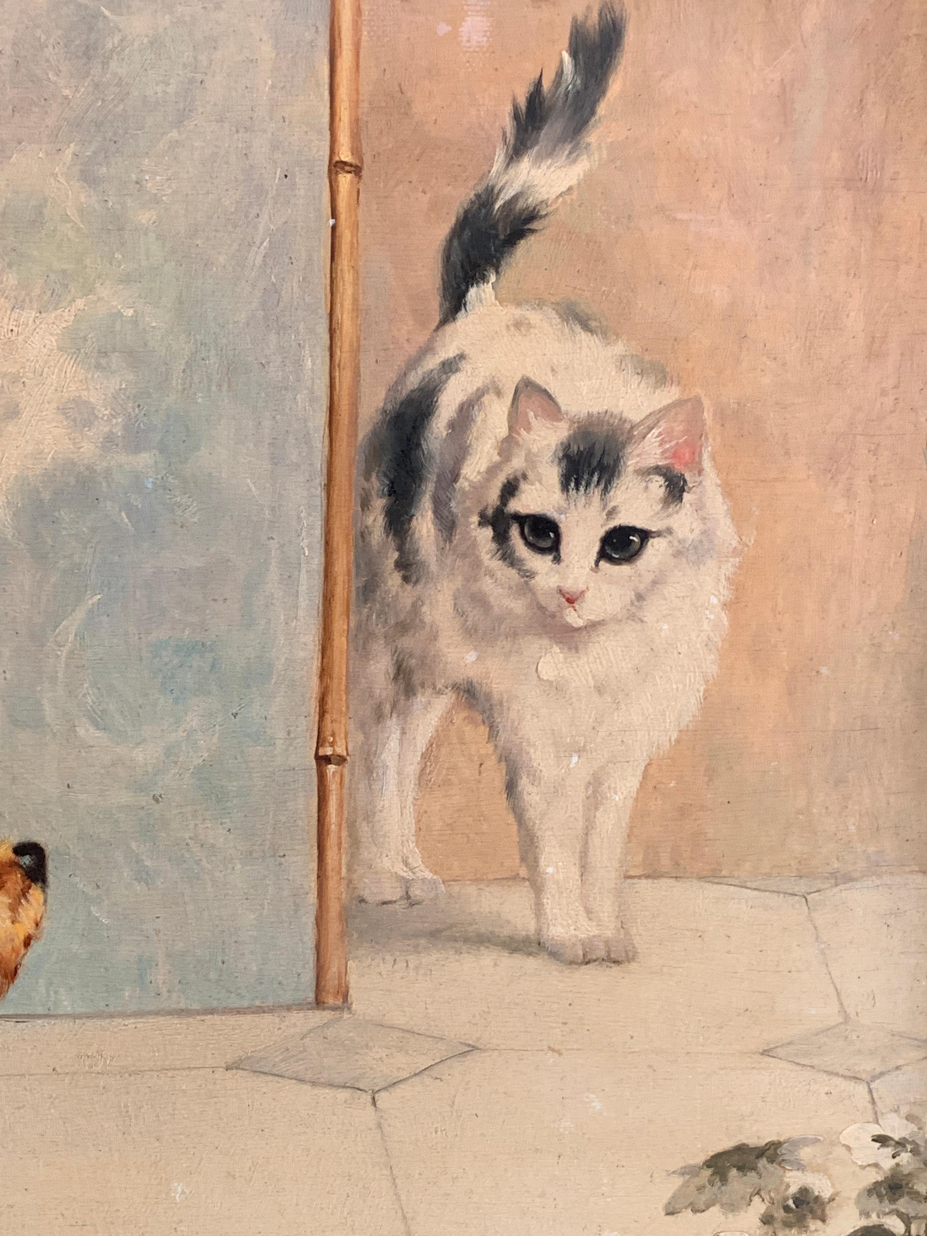 Ein japanisch inspirierter Hund in einer japanisch inspirierten Inneneinrichtung überrascht eine Katze (Viktorianisch), Painting, von Grower Hawking