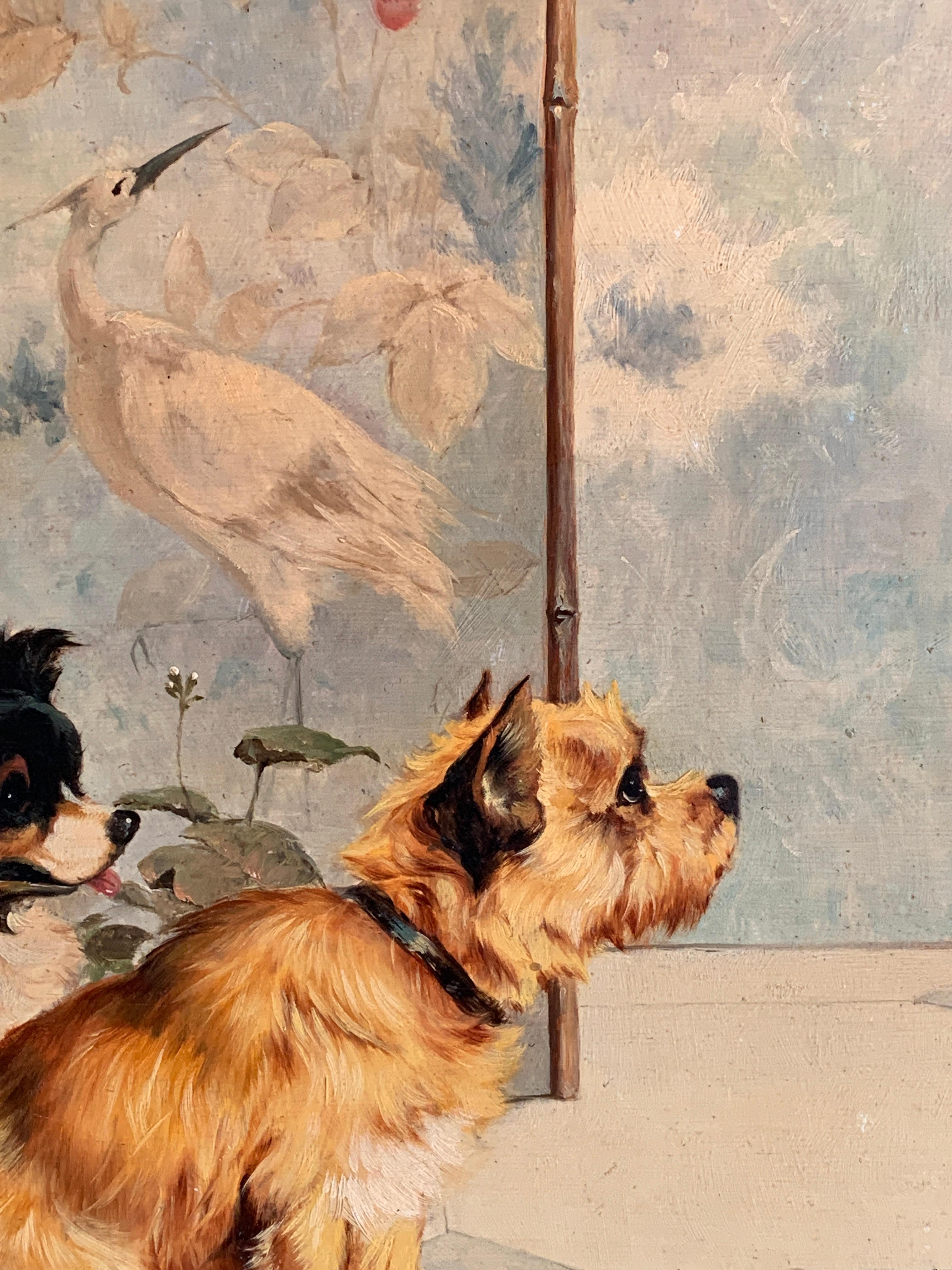 Deux chiens dans un intérieur d'inspiration japonaise surprenant un chat - Marron Animal Painting par Grower Hawking