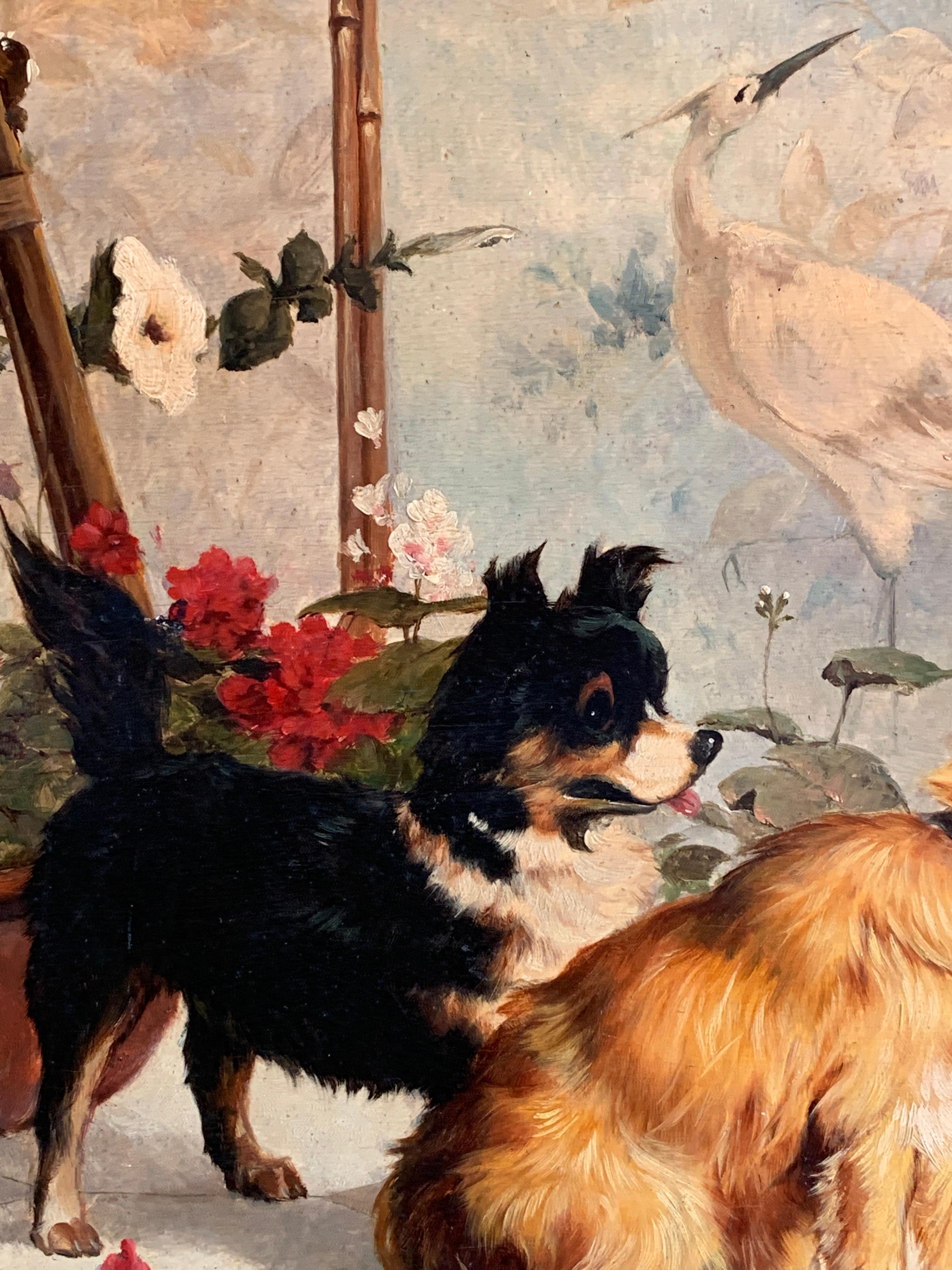 Sehr dekorative Tierszene mit zwei Hunden in einem Interieur, die eine Katze überraschen, die auf sie zugeht. 

Grover Hawking war ein Maler des späten 20. Jahrhunderts, der in New Jersey und Long Island tätig war.

Dies ist ein typisches Beispiel