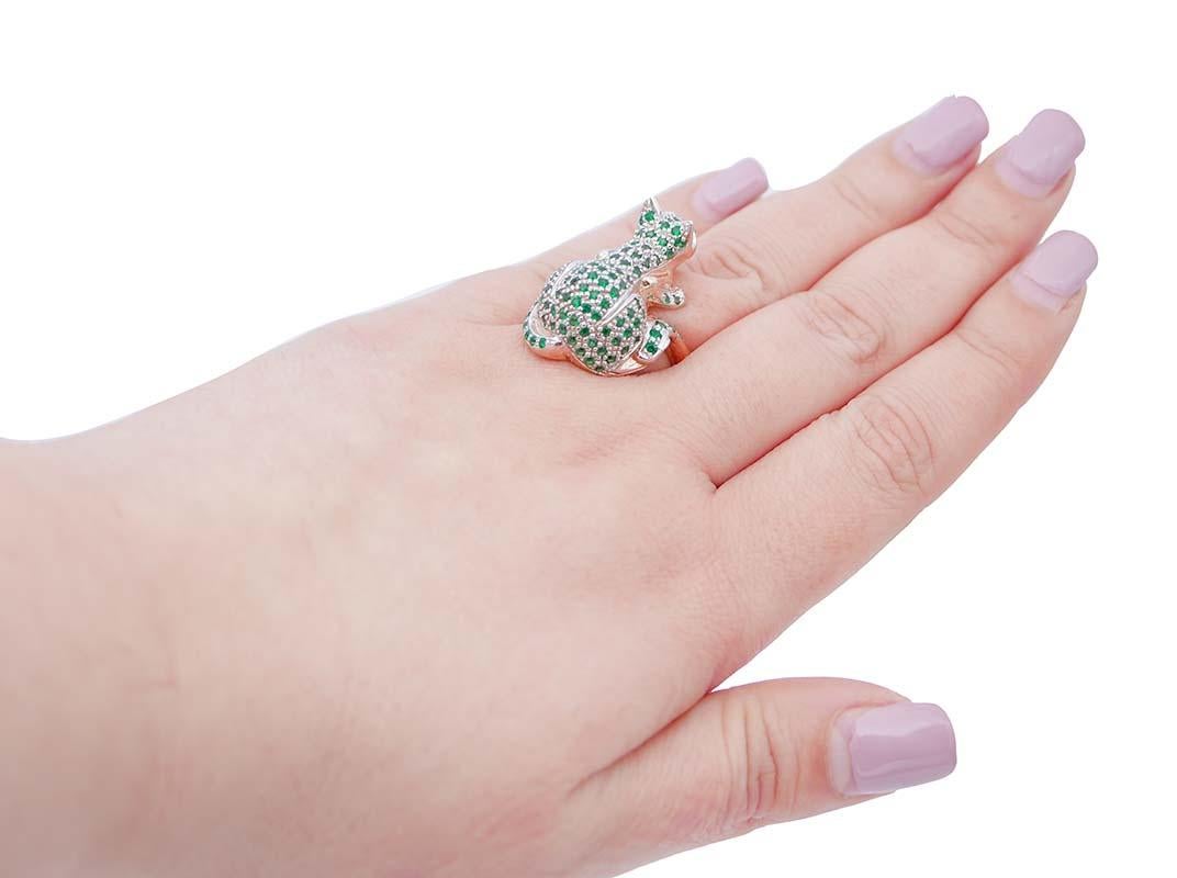Retro Green Stones, Black Diamonds, Rose Gold and Silver Cat Ring For Sale