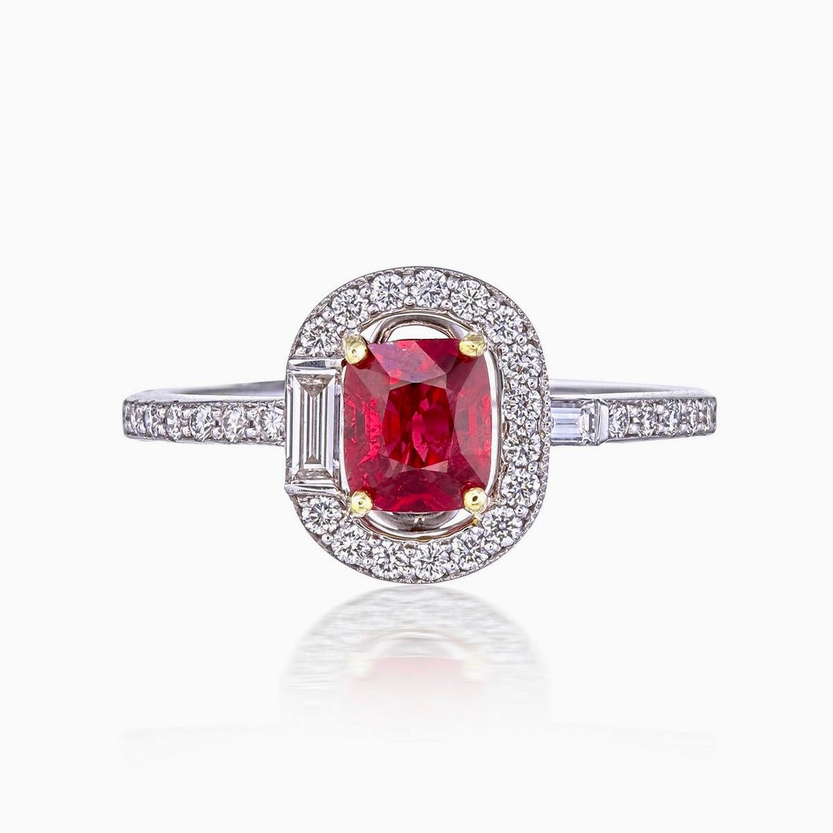 Oval Cut GRS 0.76 Carat Pigeon Blood Burma No Heat Ruby and Diamond Ring in 18 Karat Gold For Sale