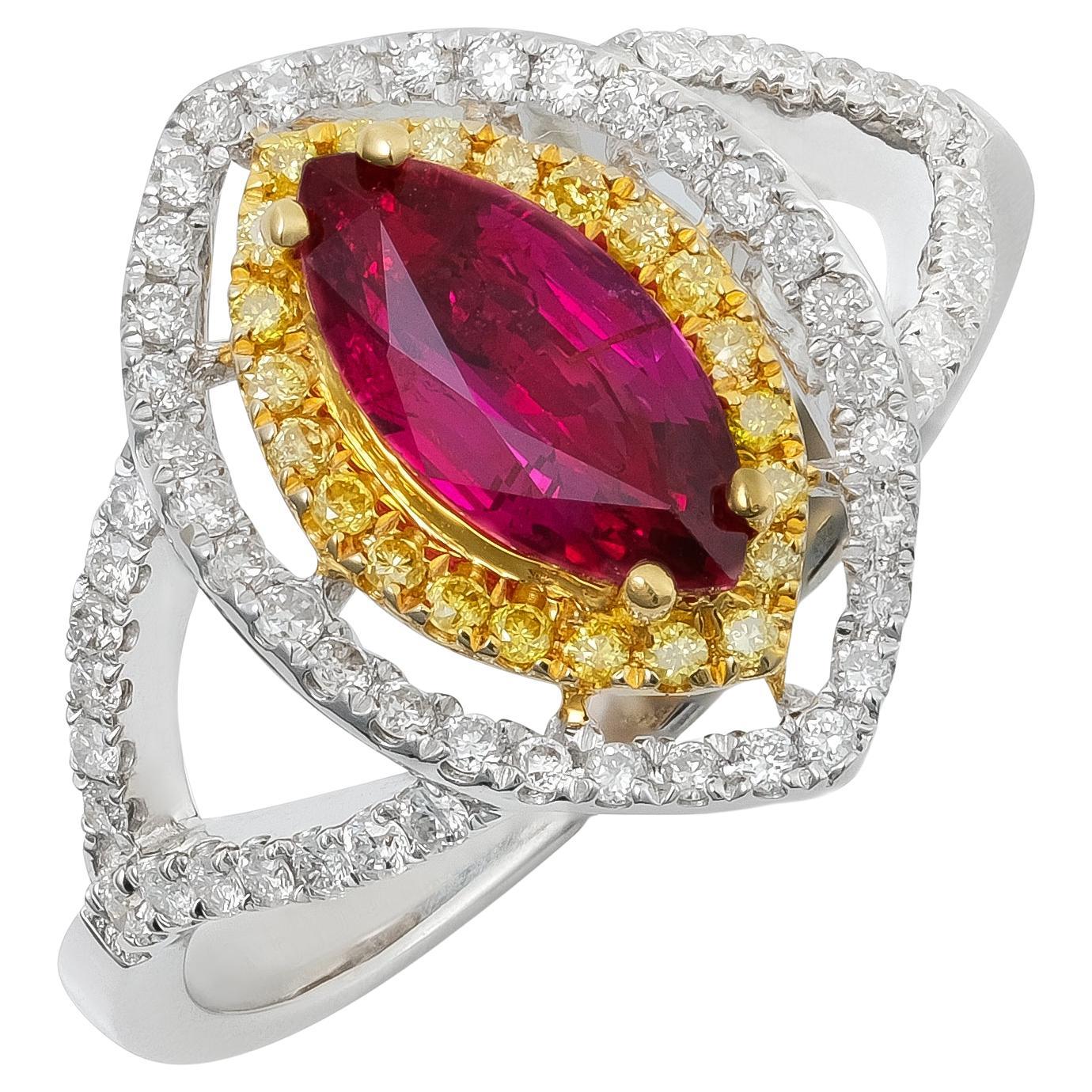 GRS 0.99 cts Unheated Mozambique Ruby 
0.39 cts Diamonds 18K 2-Tone Ring For Sale